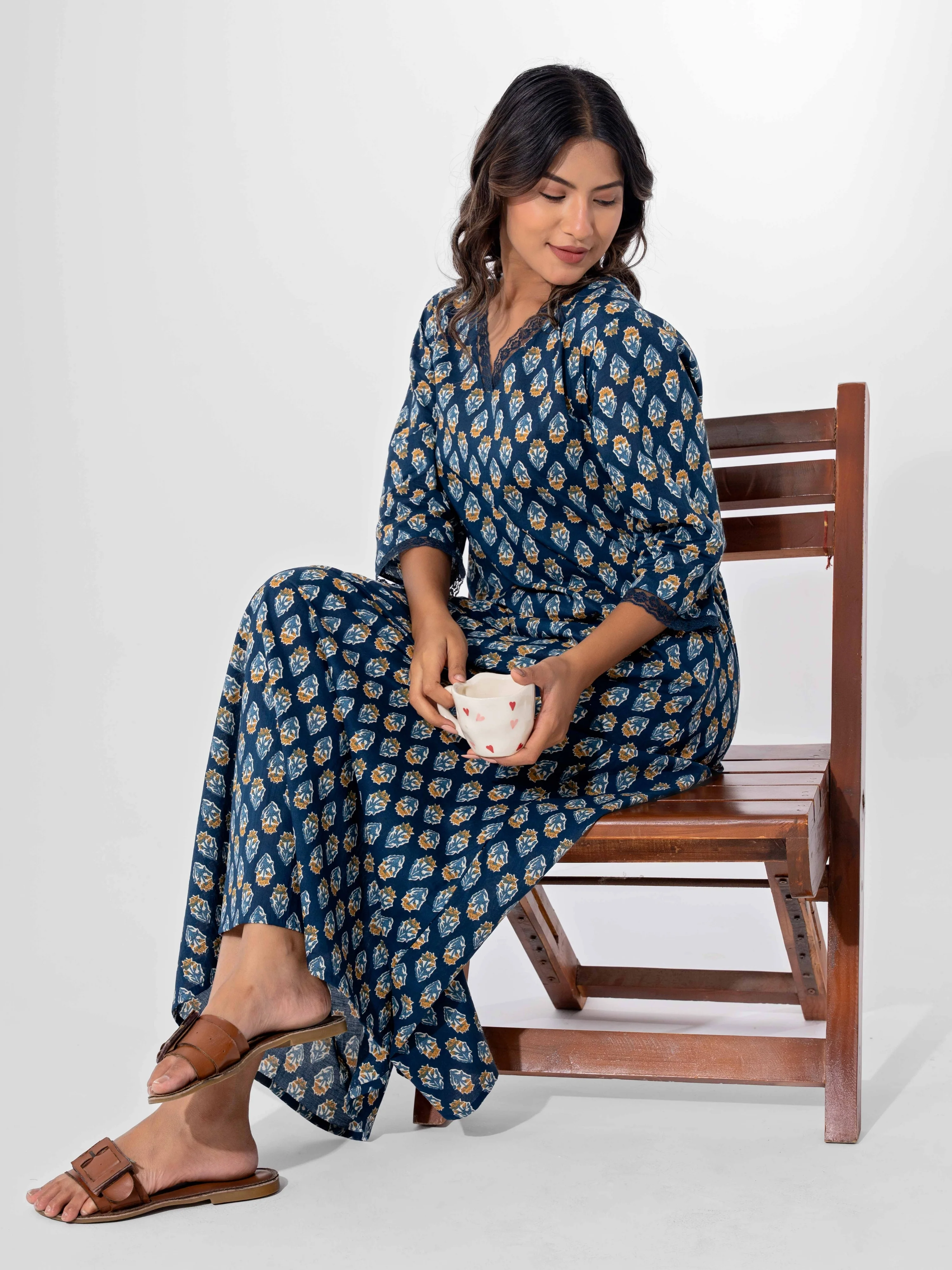 Blue Buti Pure Cotton V Neck Night Maxi - Image 4