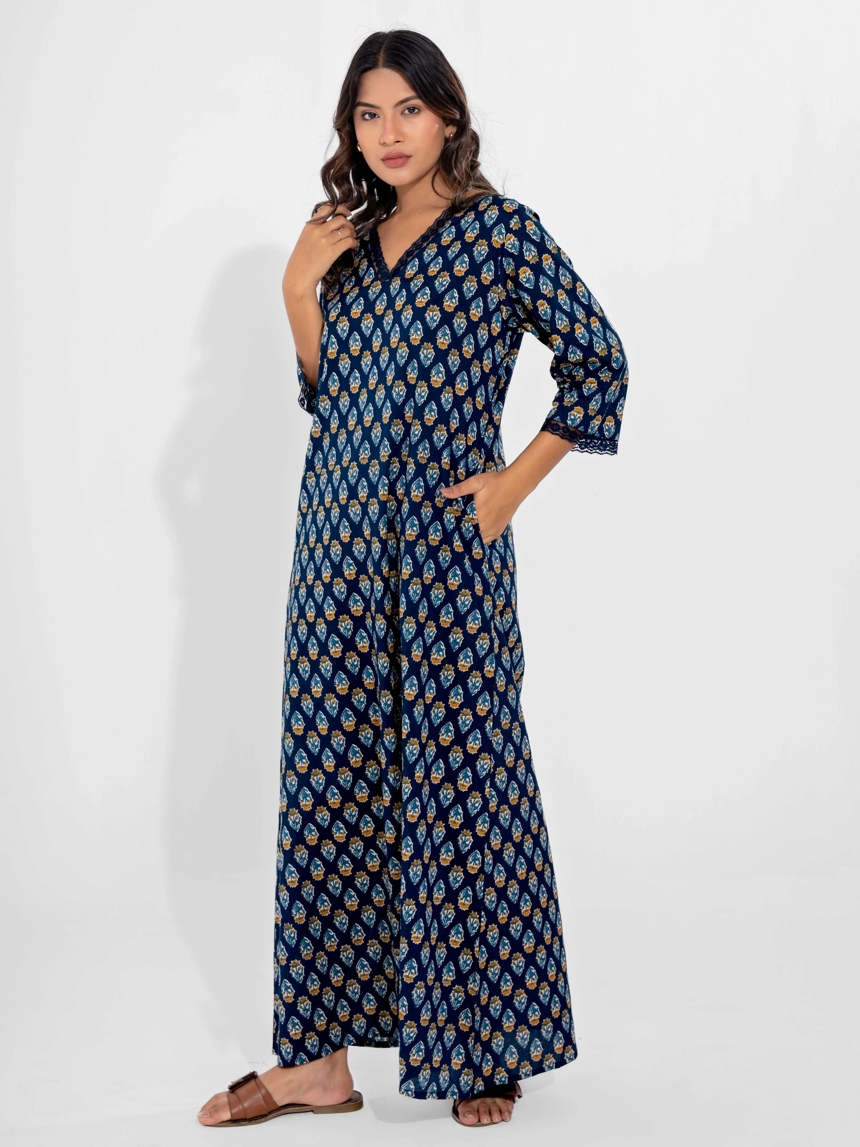 Blue Buti Pure Cotton V Neck Night Maxi - Image 6