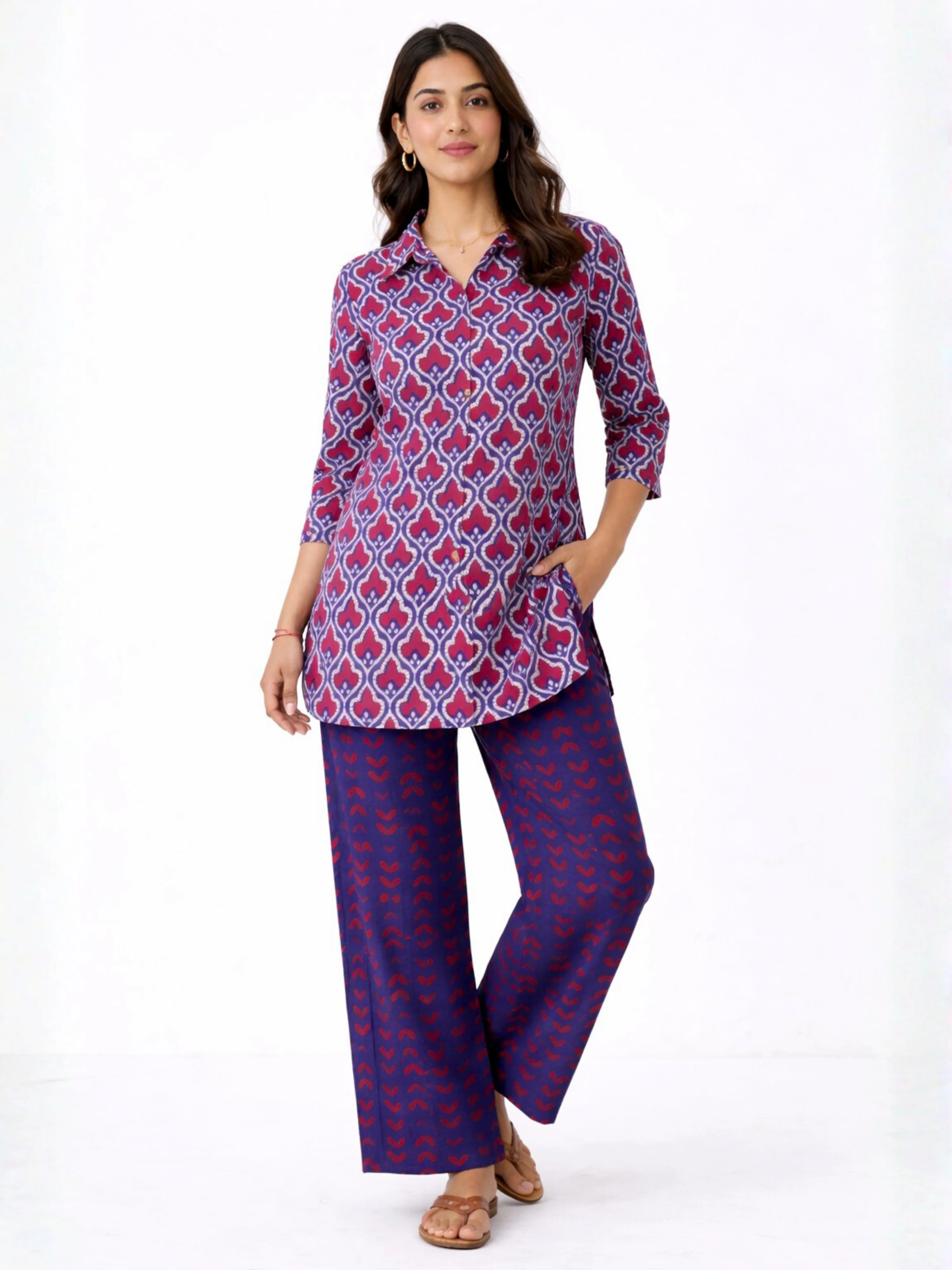 Blue Heritage Pure Cotton Women's Collar Co-ord Set - Image 4