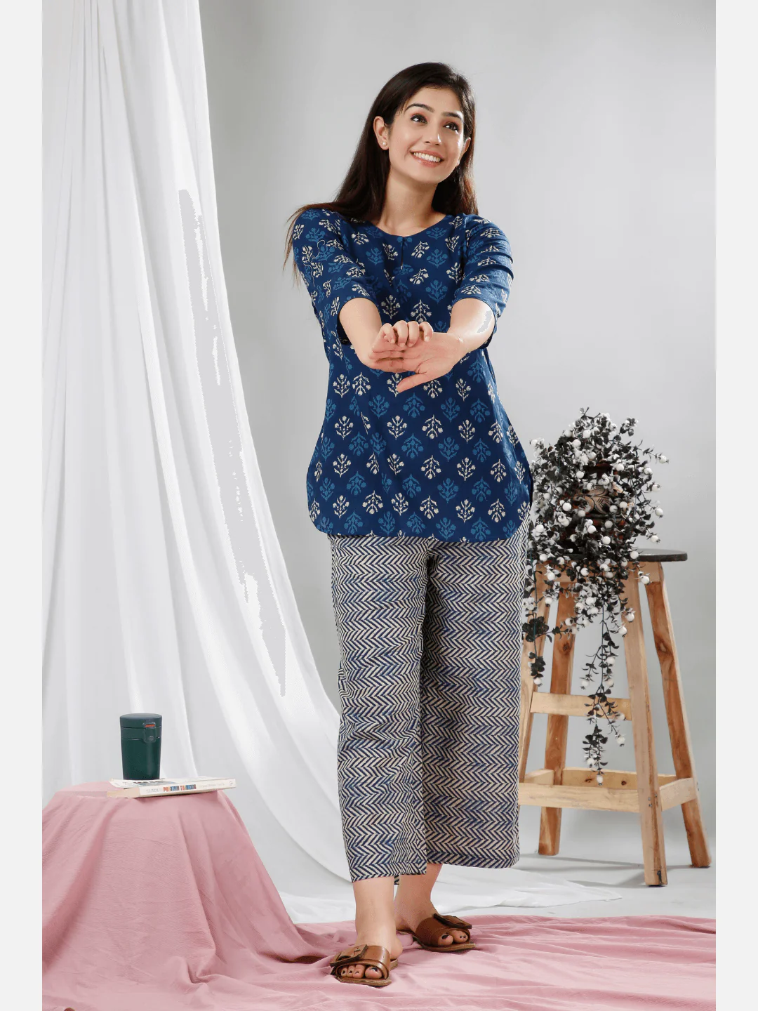 Blue Indigo Hand Block Printed Pure Cotton Lounge Wear - Image 3