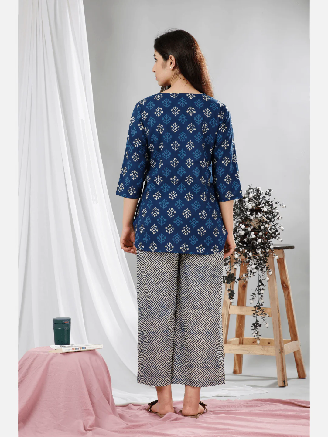 Blue Indigo Hand Block Printed Pure Cotton Lounge Wear - Image 4