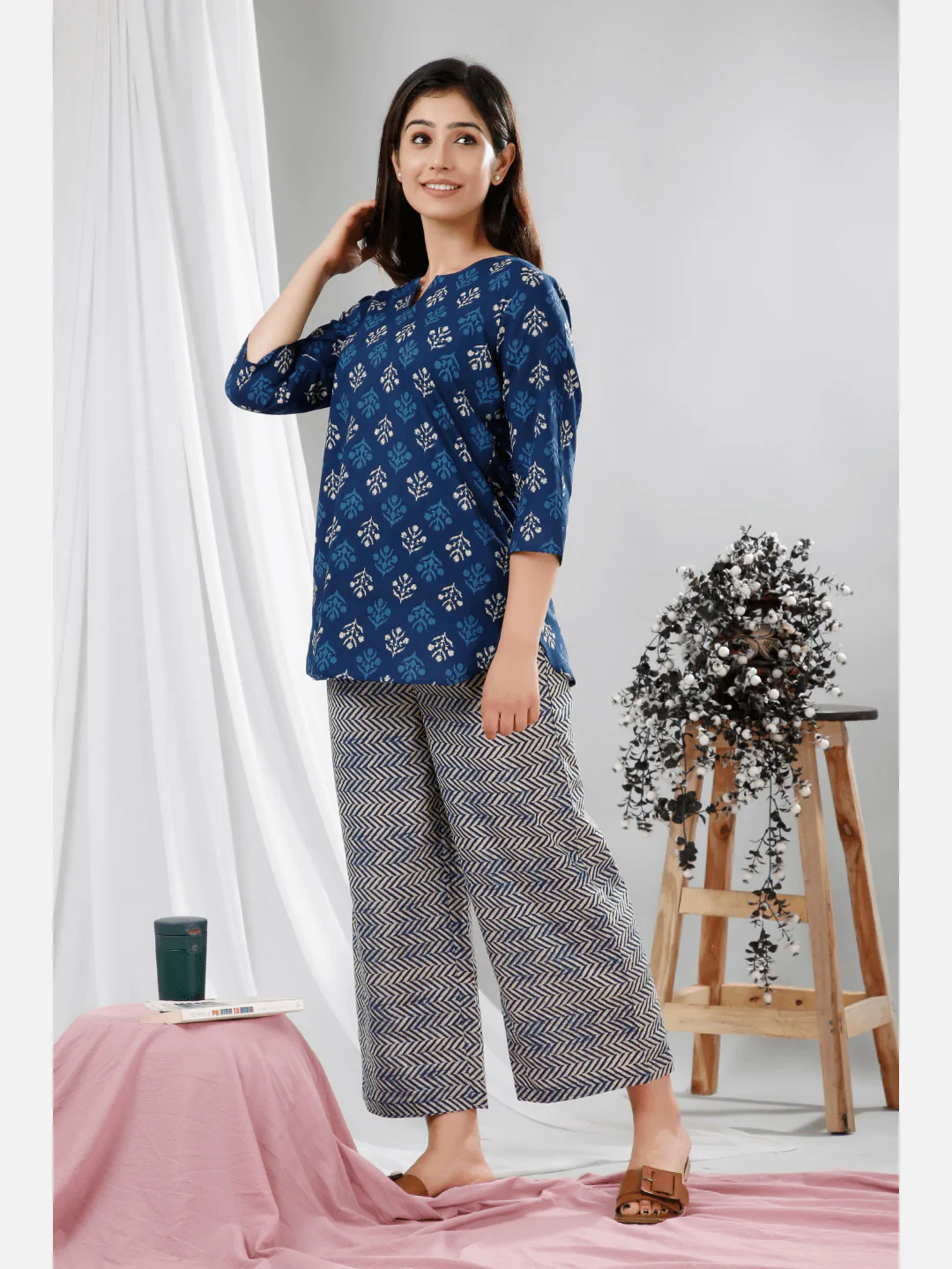 Blue Indigo Hand Block Printed Pure Cotton Lounge Wear - Image 7