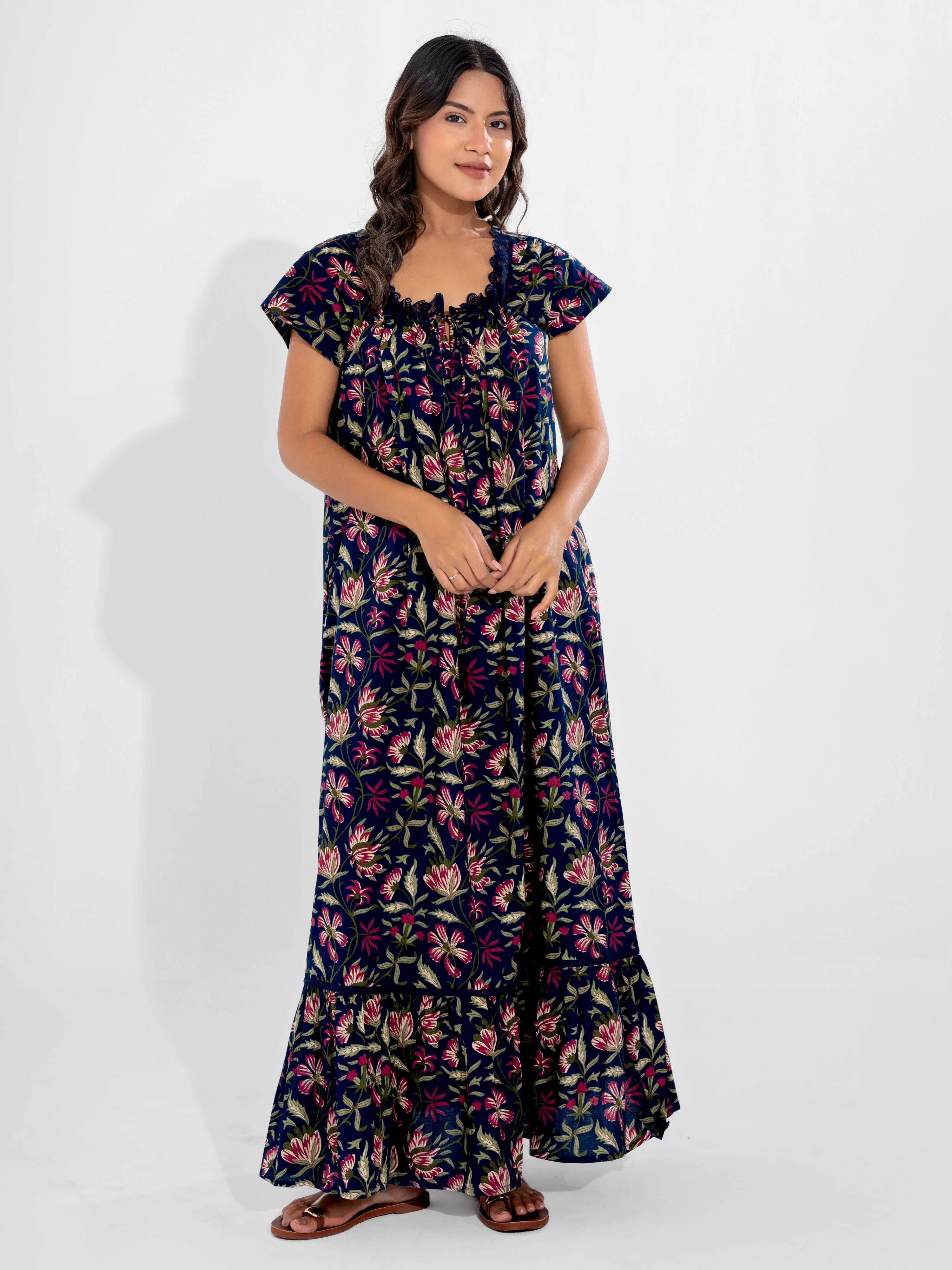 Blue Jaal Pure Cotton Tieup Square Neck Night Maxi - Image 10