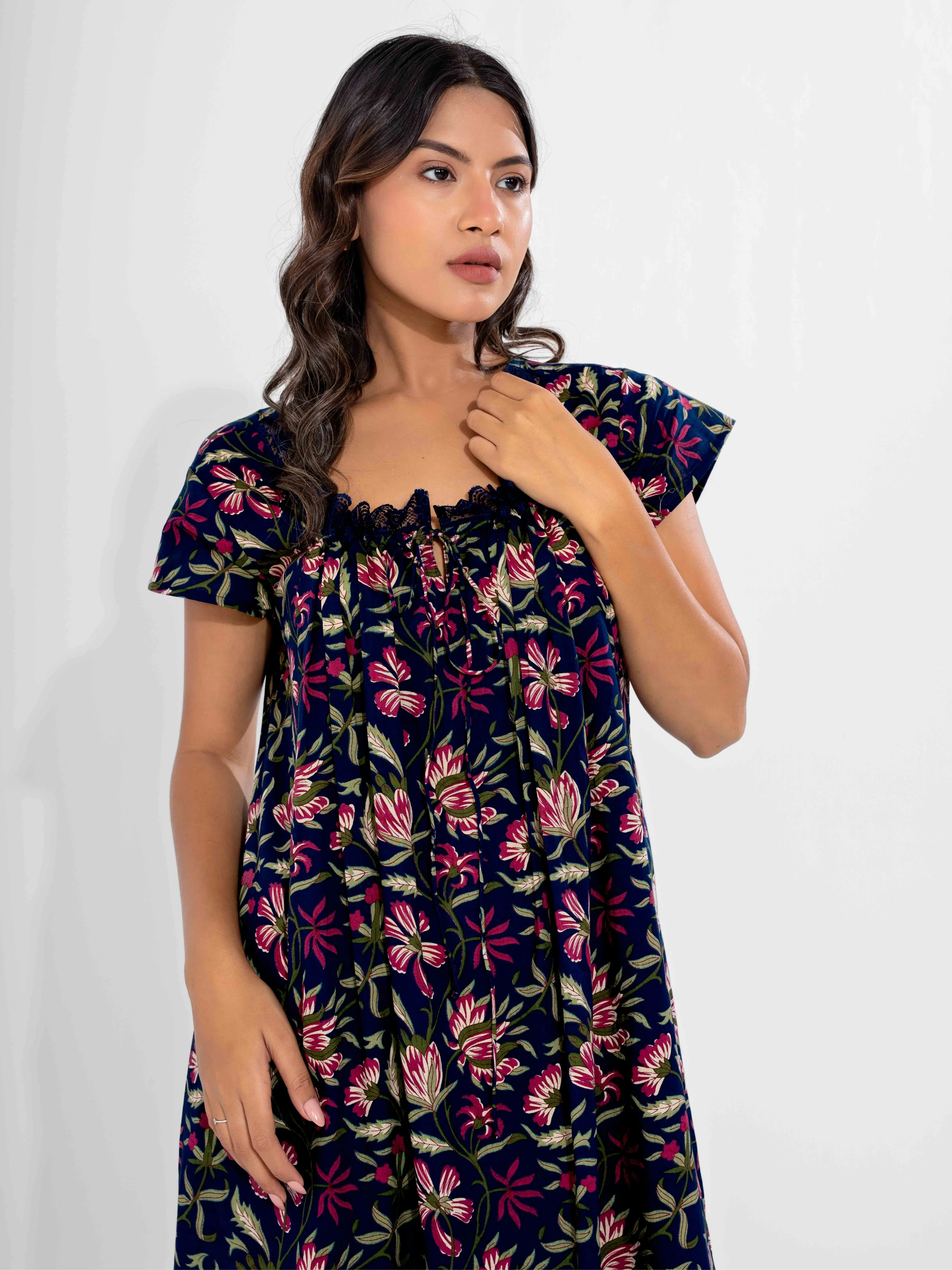 Blue Jaal Pure Cotton Tieup Square Neck Night Maxi - Image 11