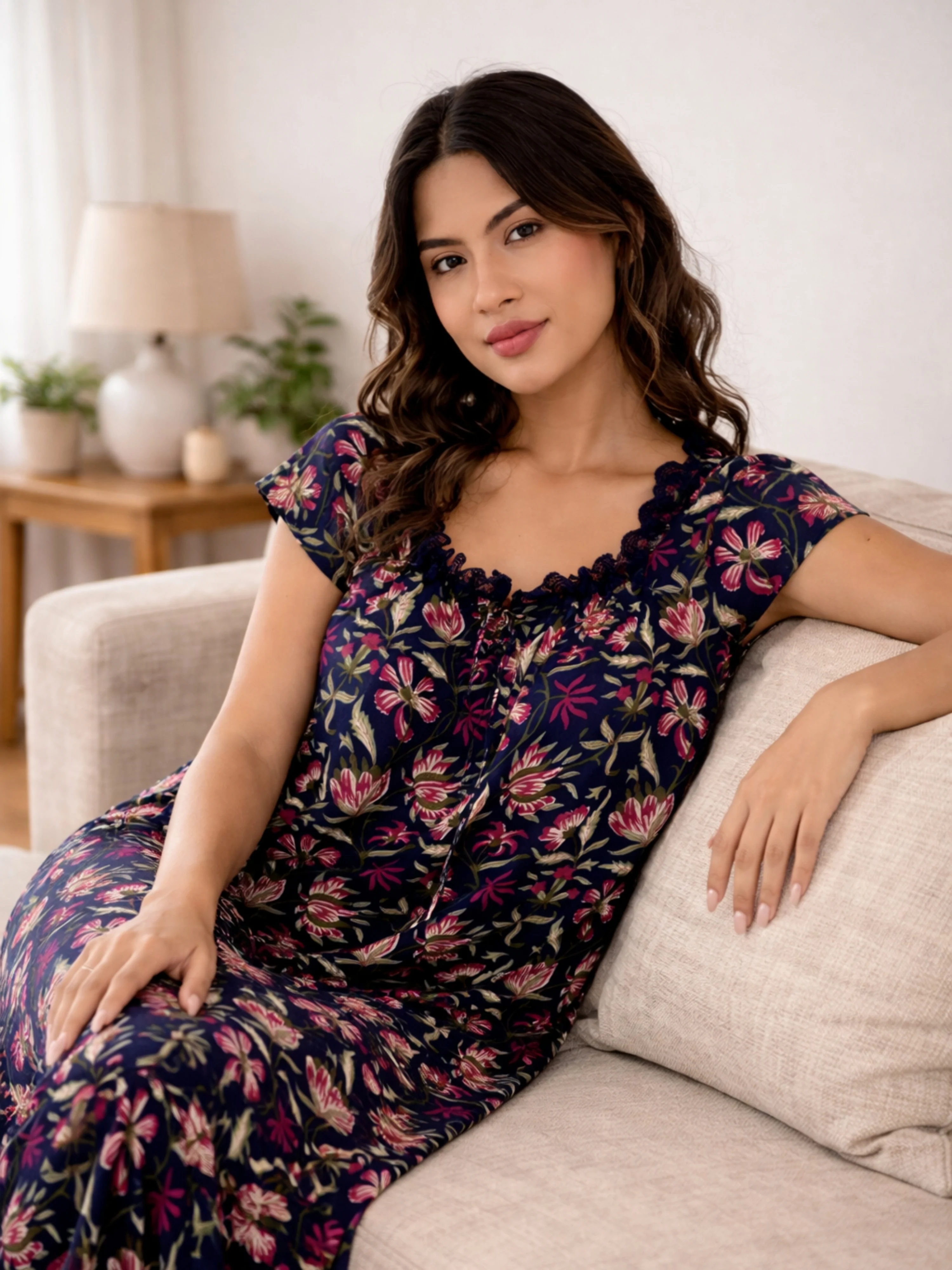 Blue Jaal Pure Cotton Tieup Square Neck Night Maxi - Image 3