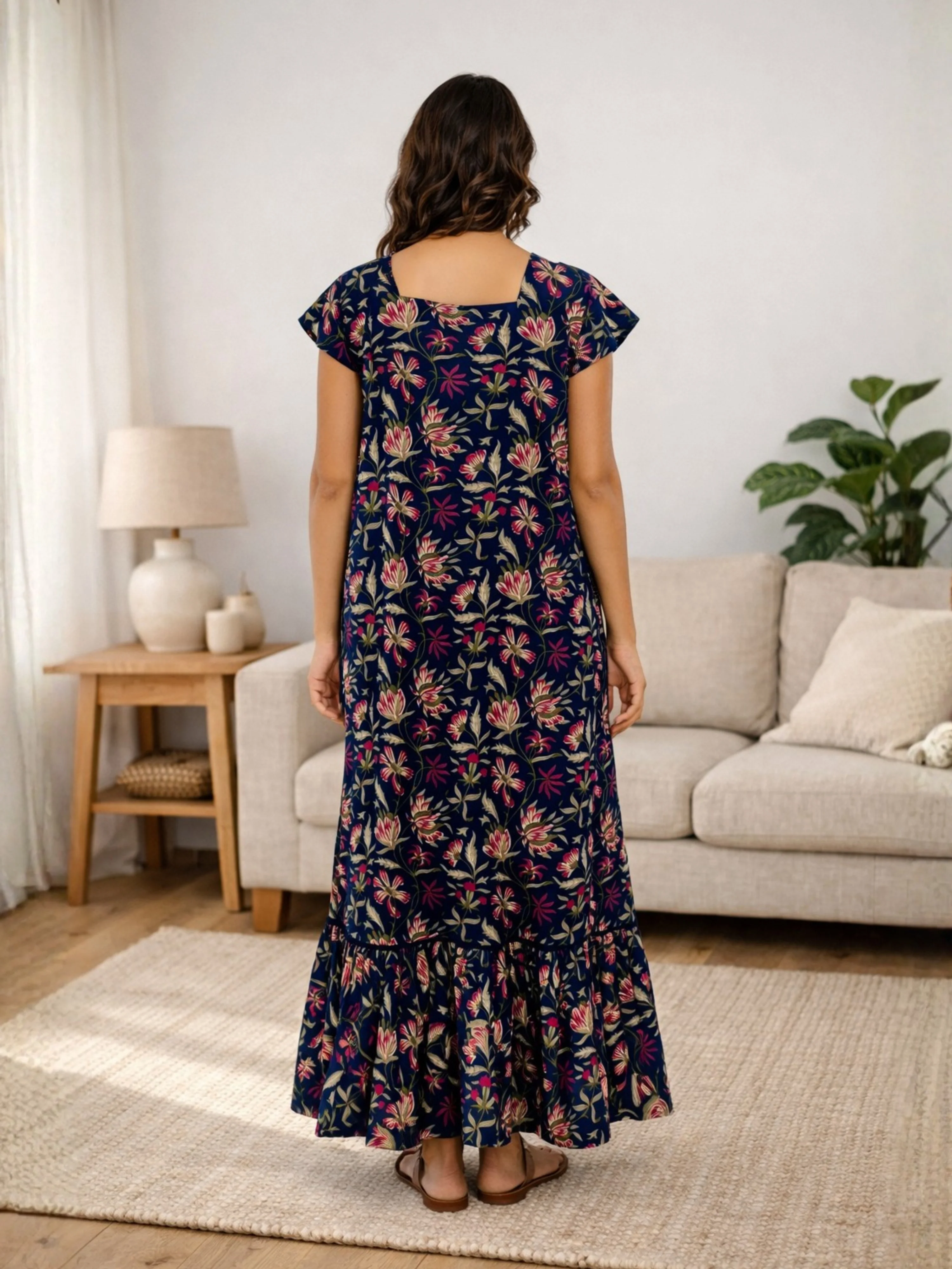 Blue Jaal Pure Cotton Tieup Square Neck Night Maxi - Image 4