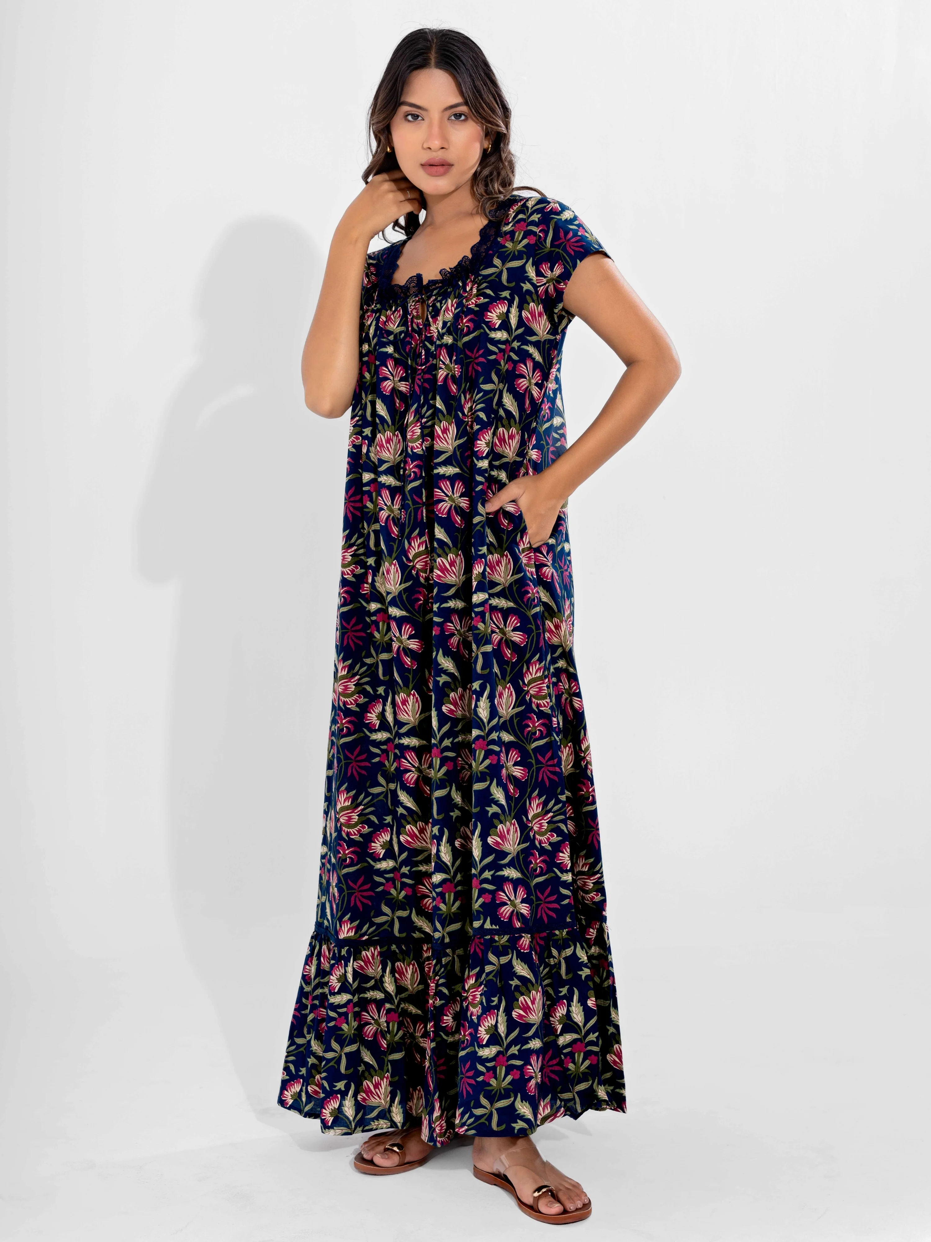 Blue Jaal Pure Cotton Tieup Square Neck Night Maxi - Image 5