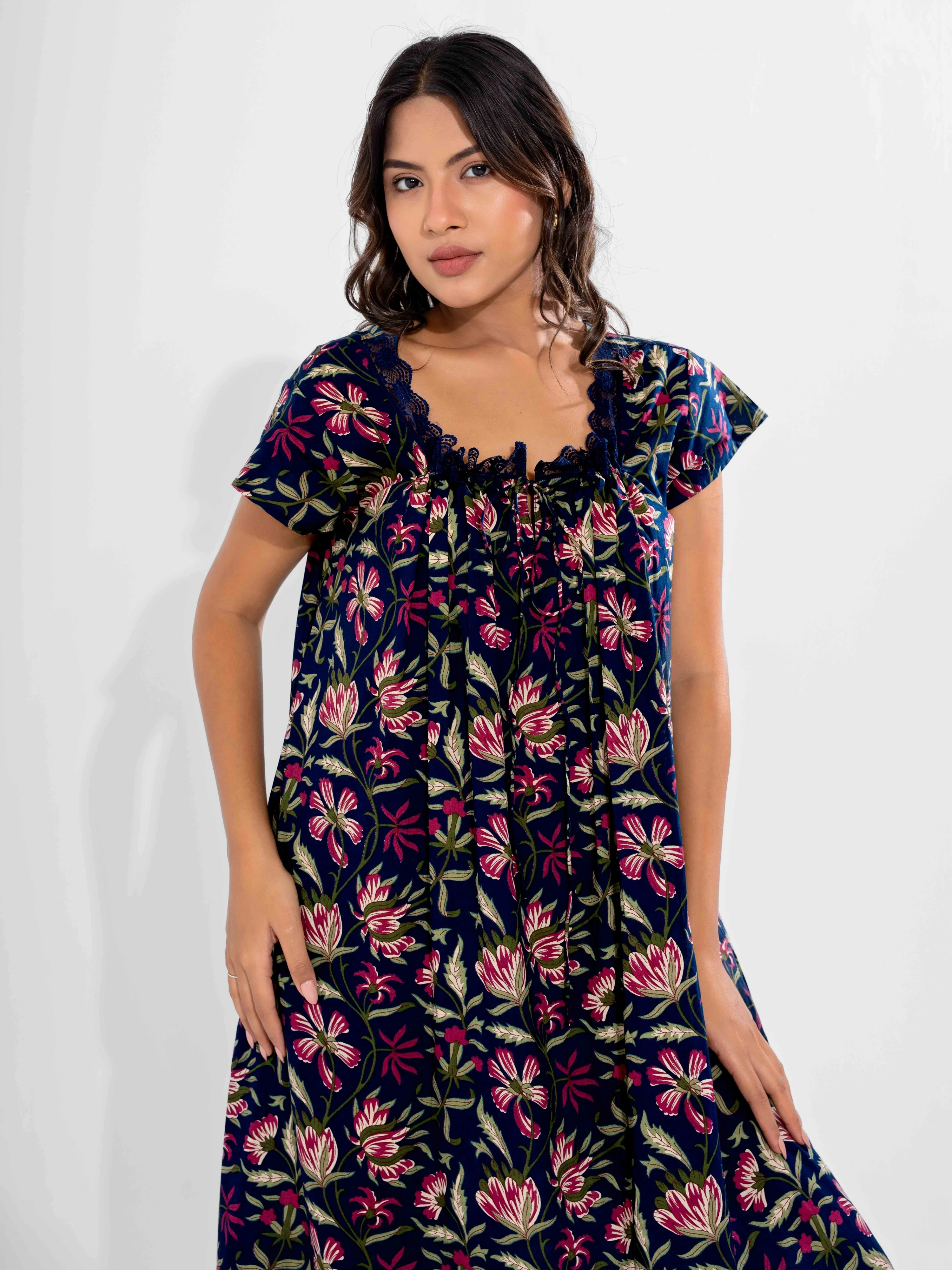 Blue Jaal Pure Cotton Tieup Square Neck Night Maxi - Image 6
