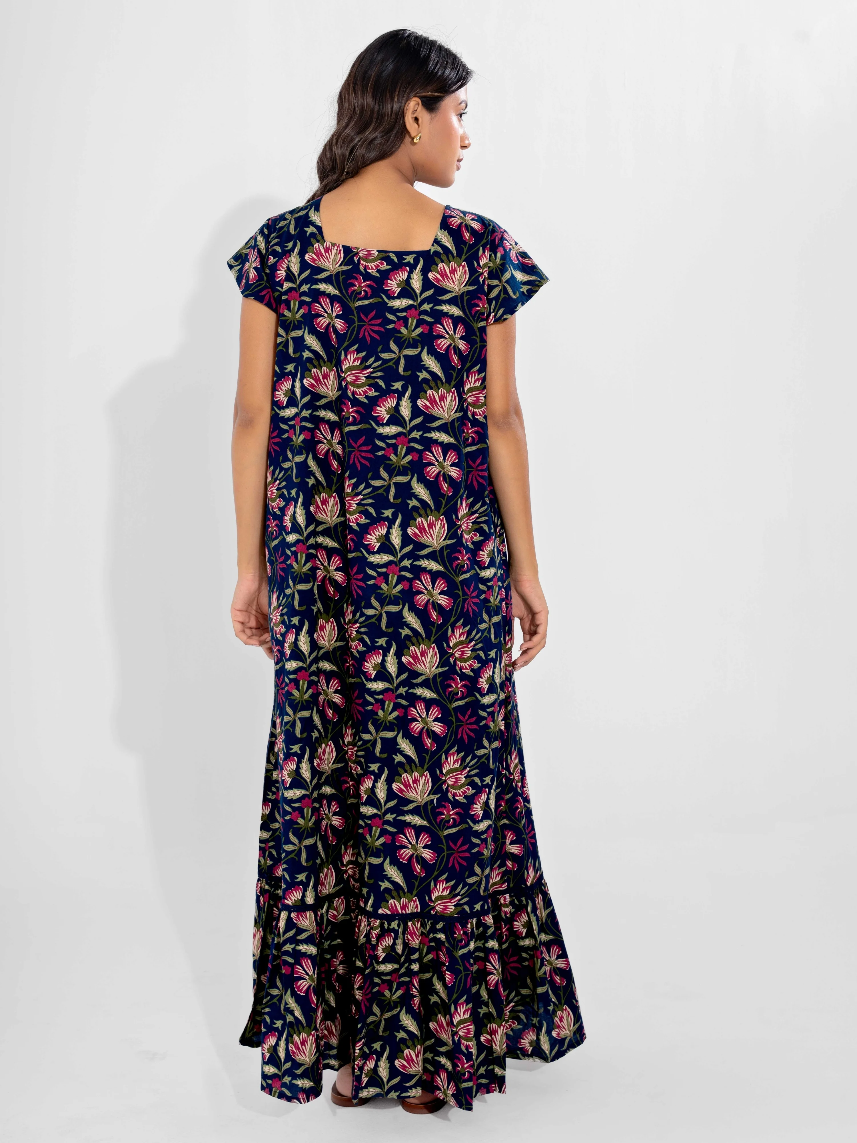 Blue Jaal Pure Cotton Tieup Square Neck Night Maxi - Image 7
