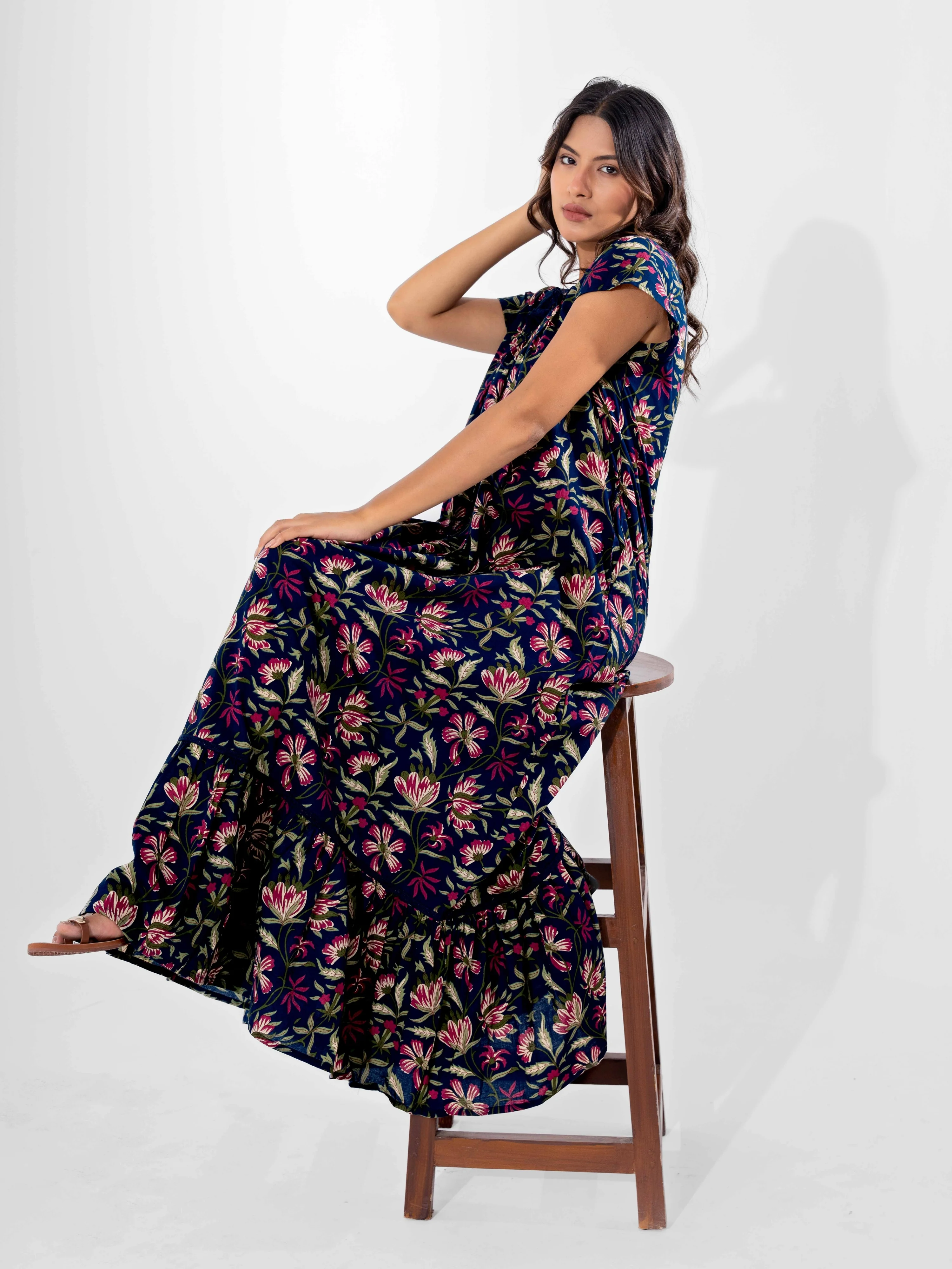 Blue Jaal Pure Cotton Tieup Square Neck Night Maxi - Image 8