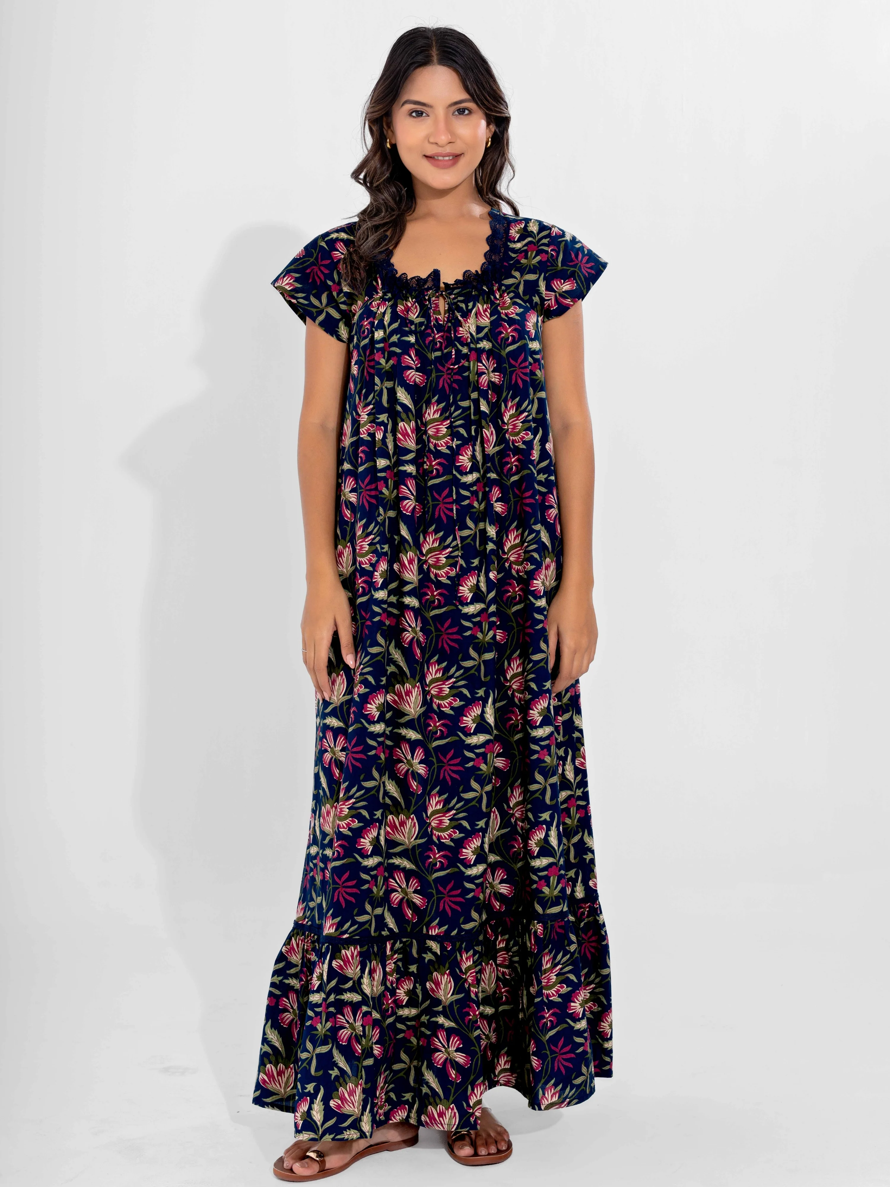 Blue Jaal Pure Cotton Tieup Square Neck Night Maxi - Image 9