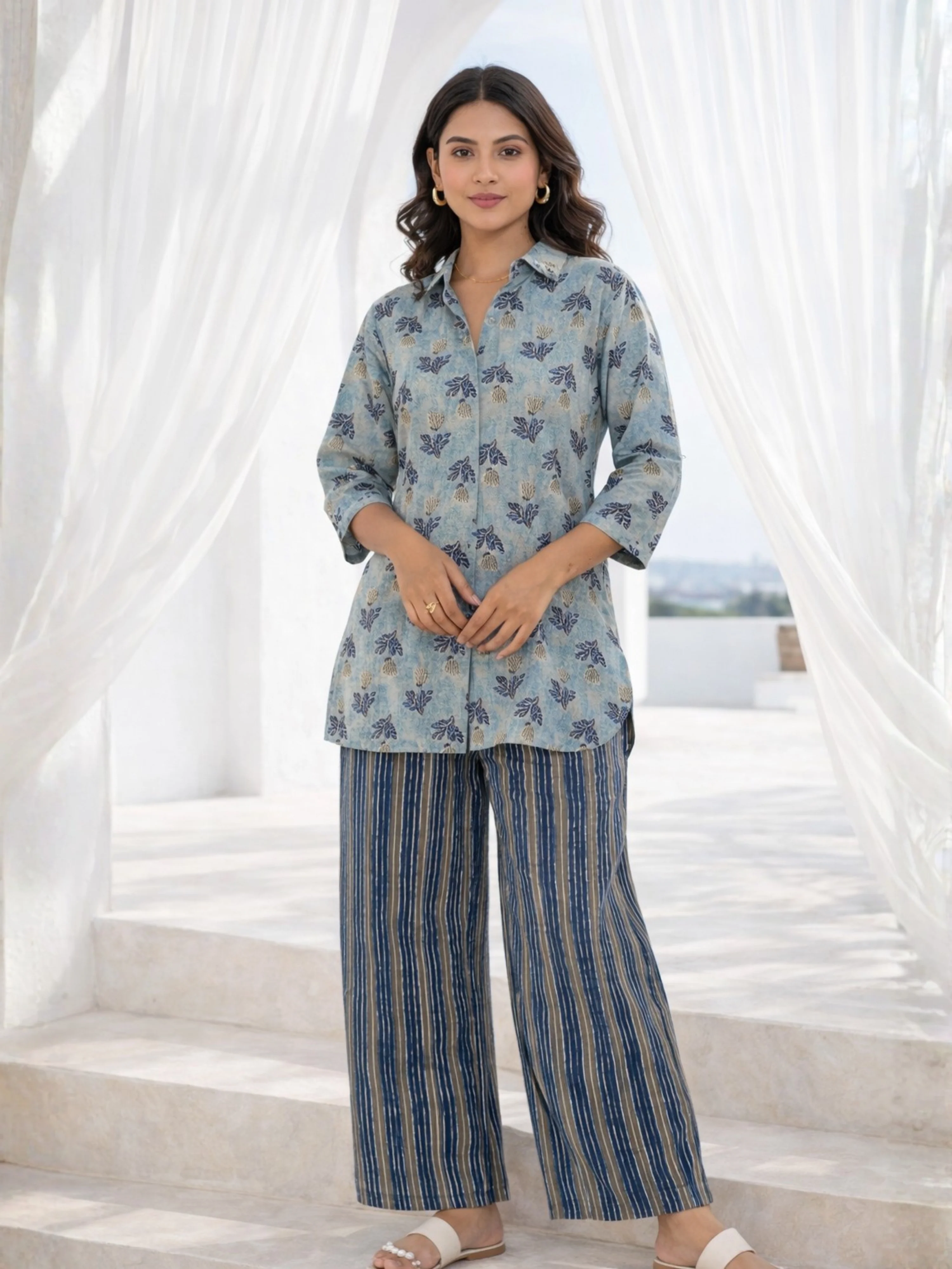 Blue Mist Pure Cotton Collar Shirt Co-ord Set - Image 3