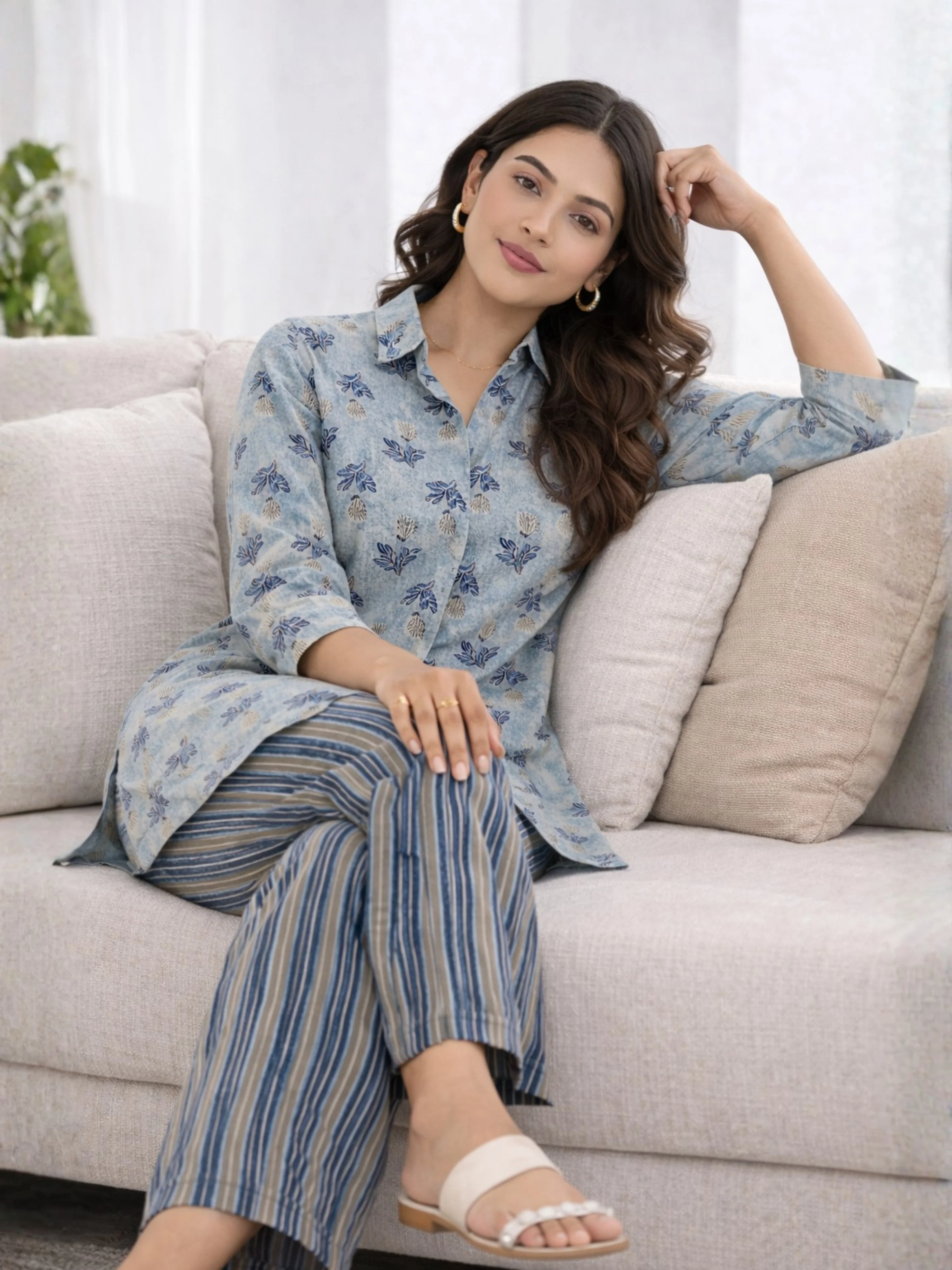 Blue Mist Pure Cotton Collar Shirt Co-ord Set - Image 4