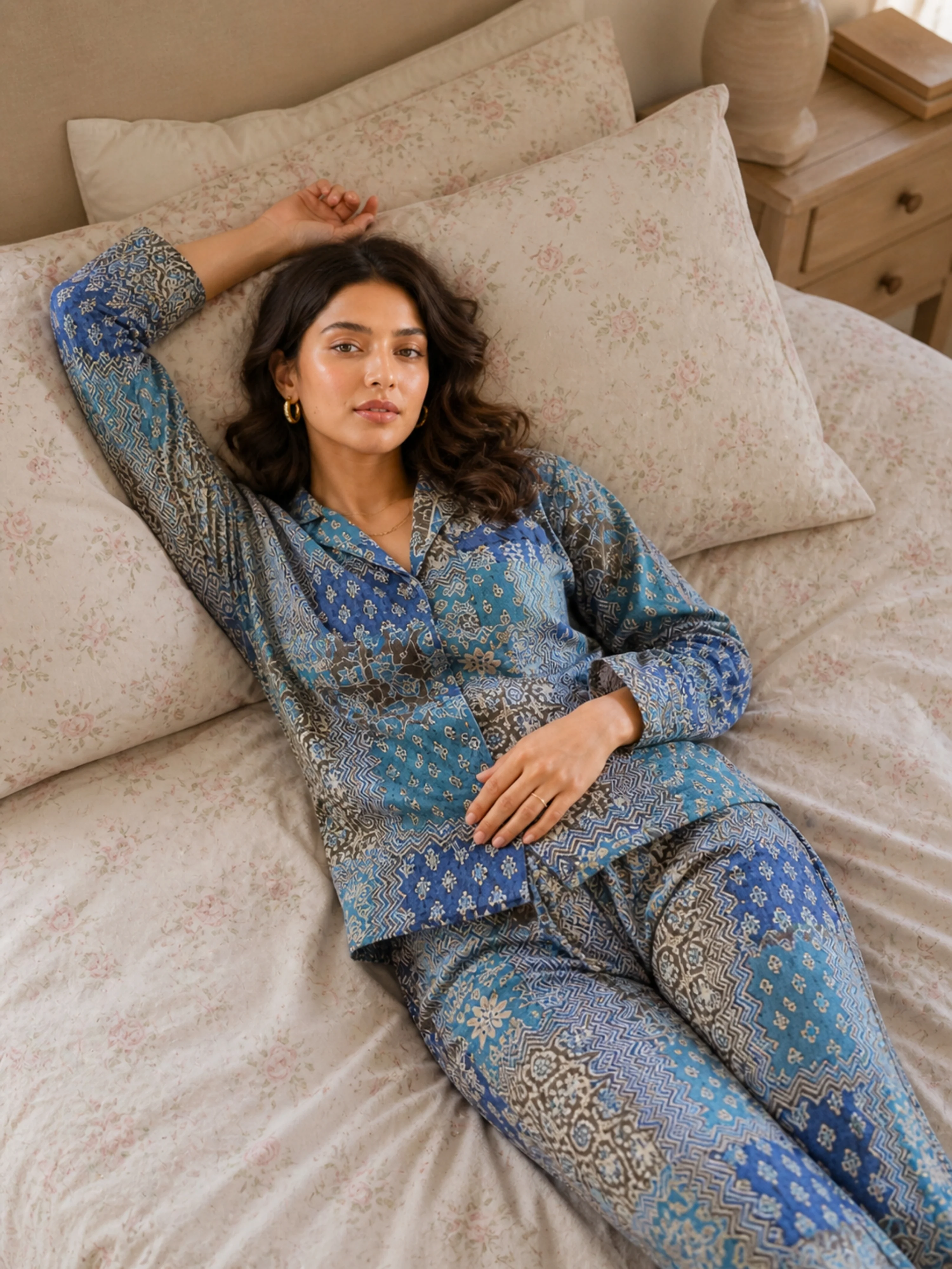 Blue Patchy Print Pure Cotton Collar Shirt Night Suit - Image 4