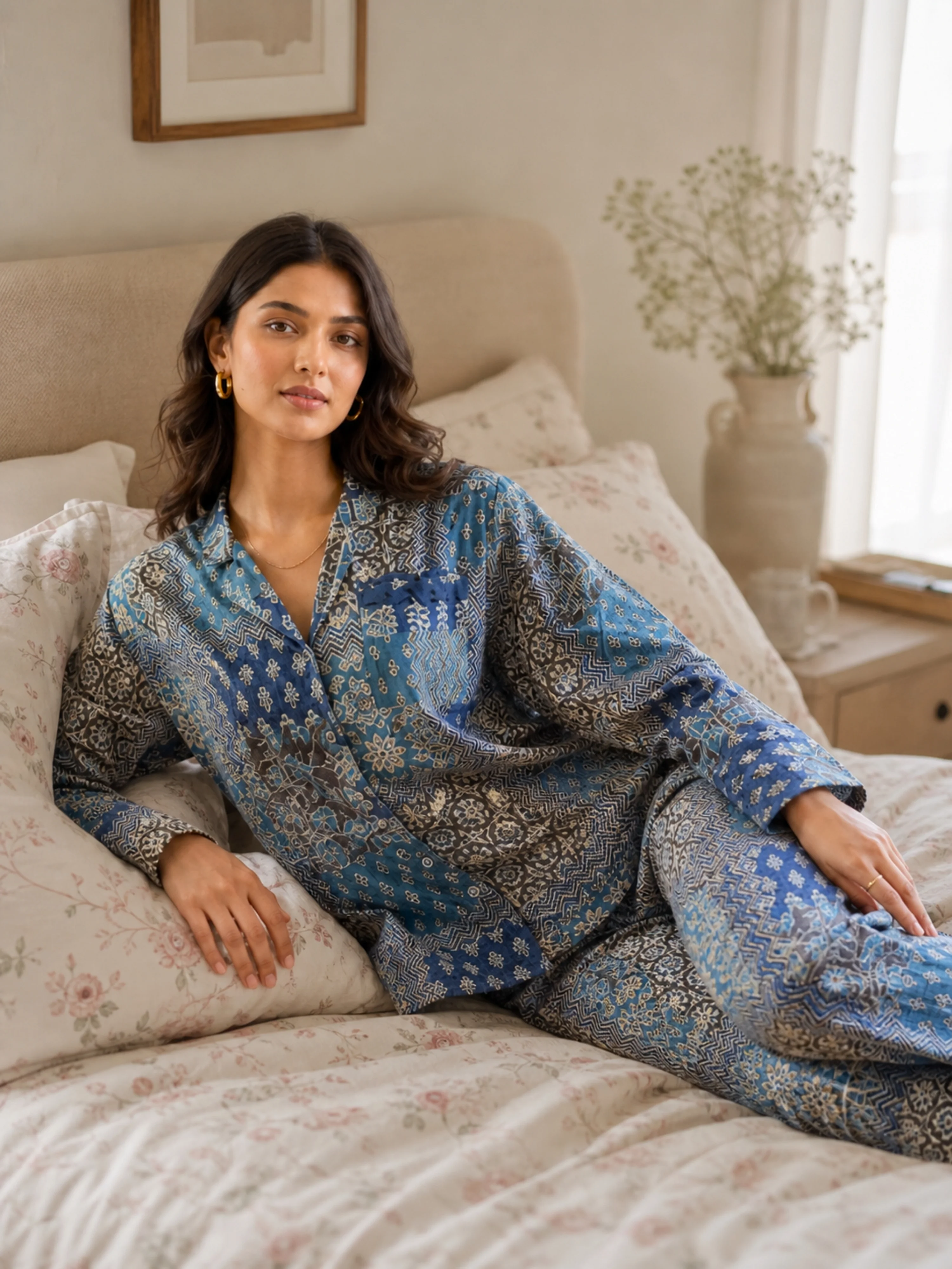 Blue Patchy Print Pure Cotton Collar Shirt Night Suit - Image 6
