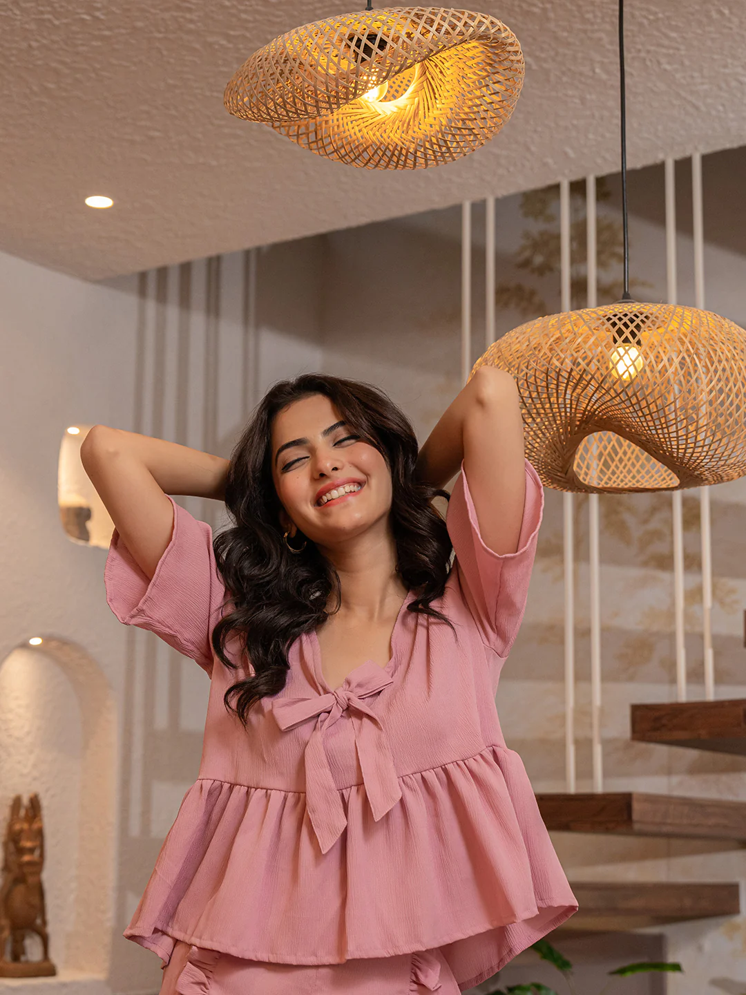 Blush Pink Soft Crepe Bow Top and Shorts Co-Ord Set - Image 6
