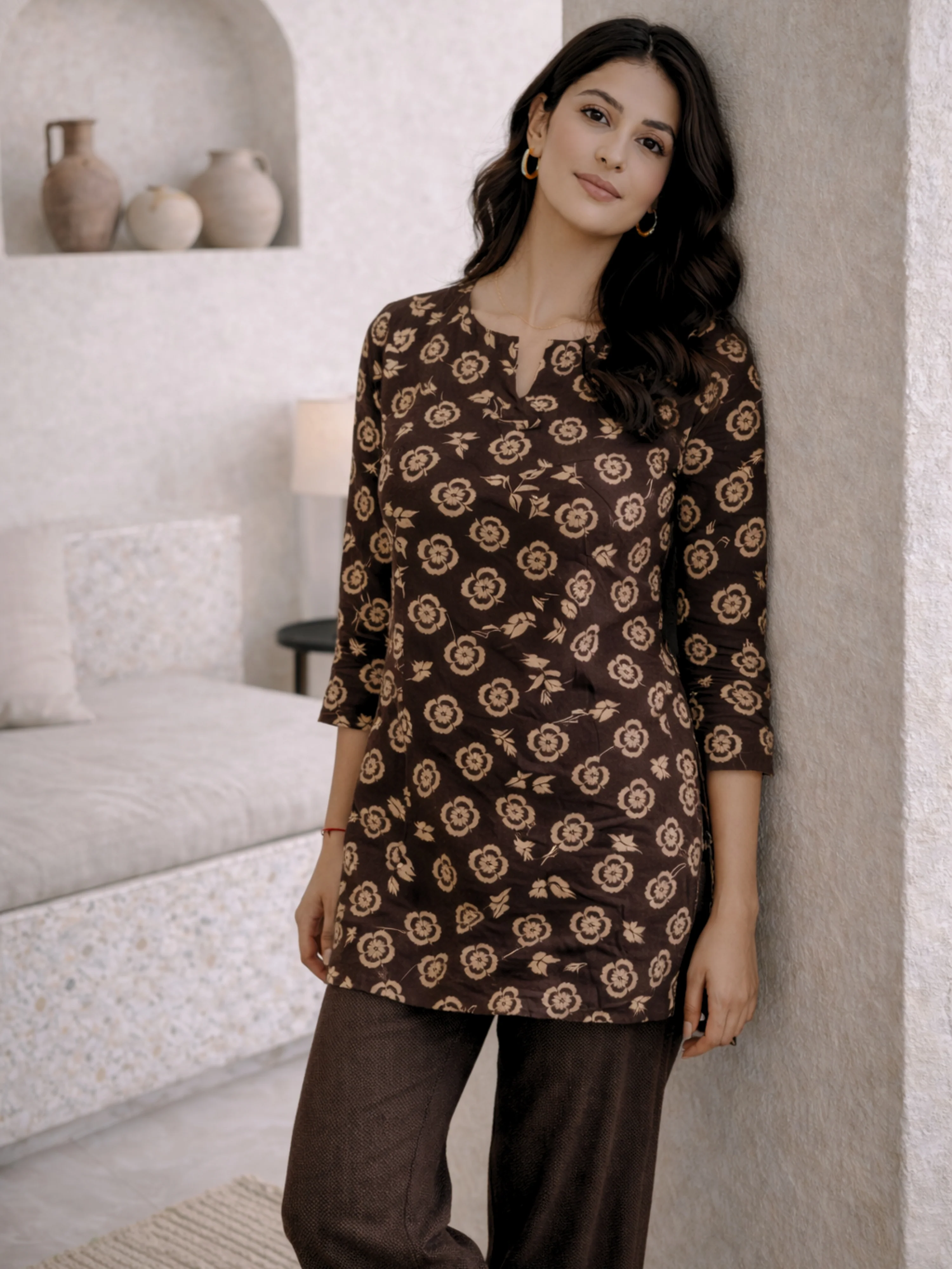 Brown Moonlit Pure Cotton round neck Women's Co-ord Set for Daily Wear - Image 2