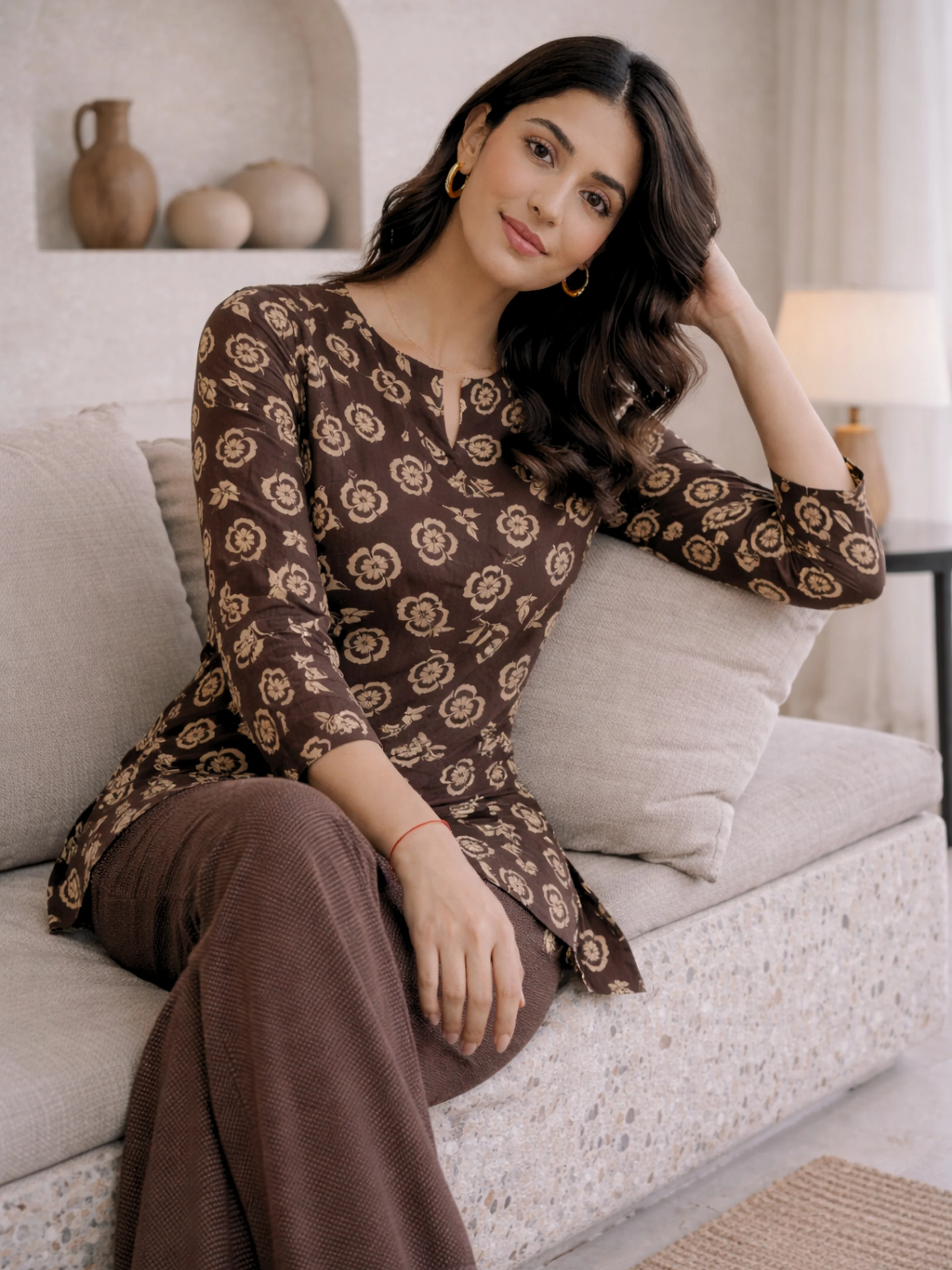 Brown Moonlit Pure Cotton round neck Women's Co-ord Set for Daily Wear - Image 6