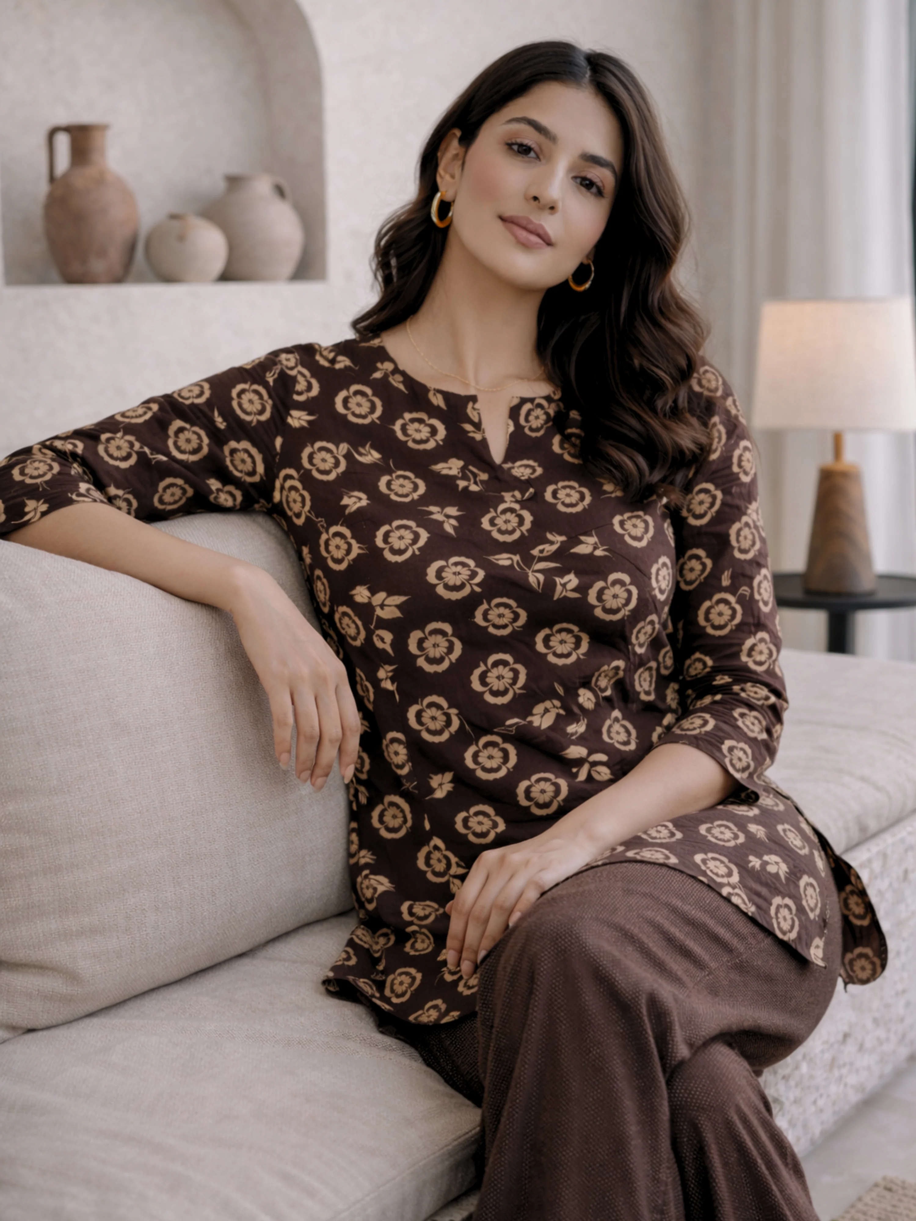 Brown Moonlit Pure Cotton round neck Women's Co-ord Set for Daily Wear - Image 7
