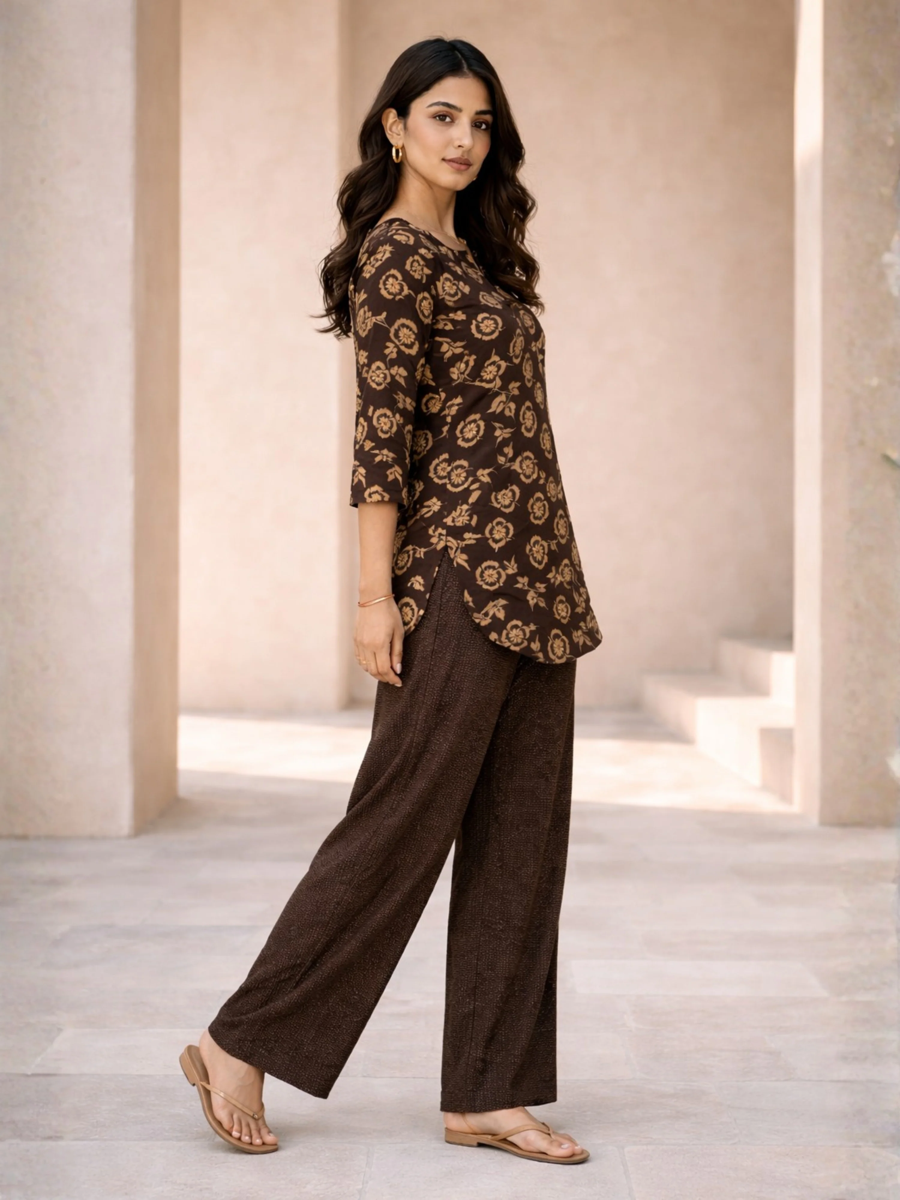 Brown Moonlit Pure Cotton round neck Women's Co-ord Set for Daily Wear - Image 8