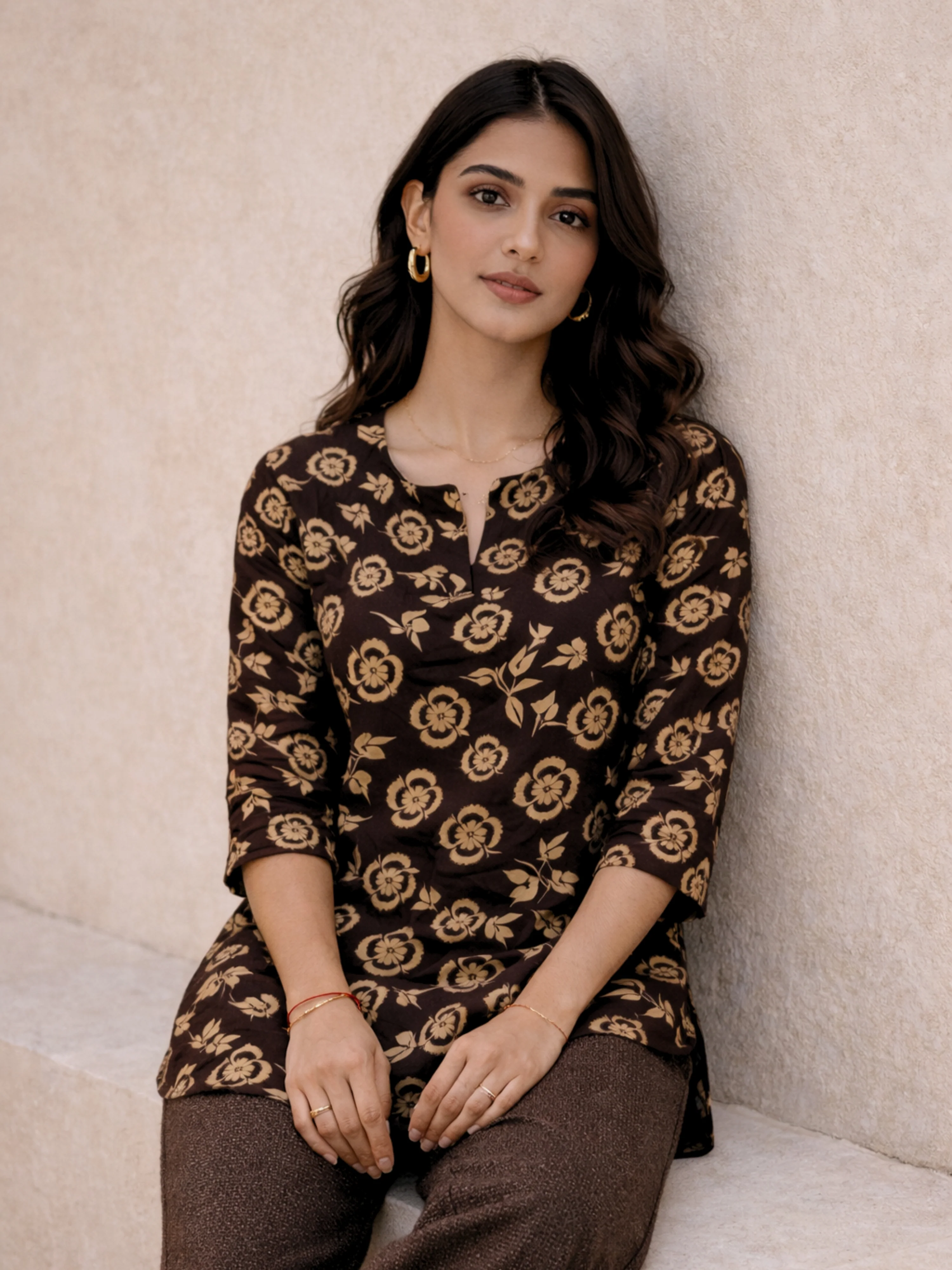Brown Moonlit Pure Cotton round neck Women's Co-ord Set for Daily Wear - Image 9