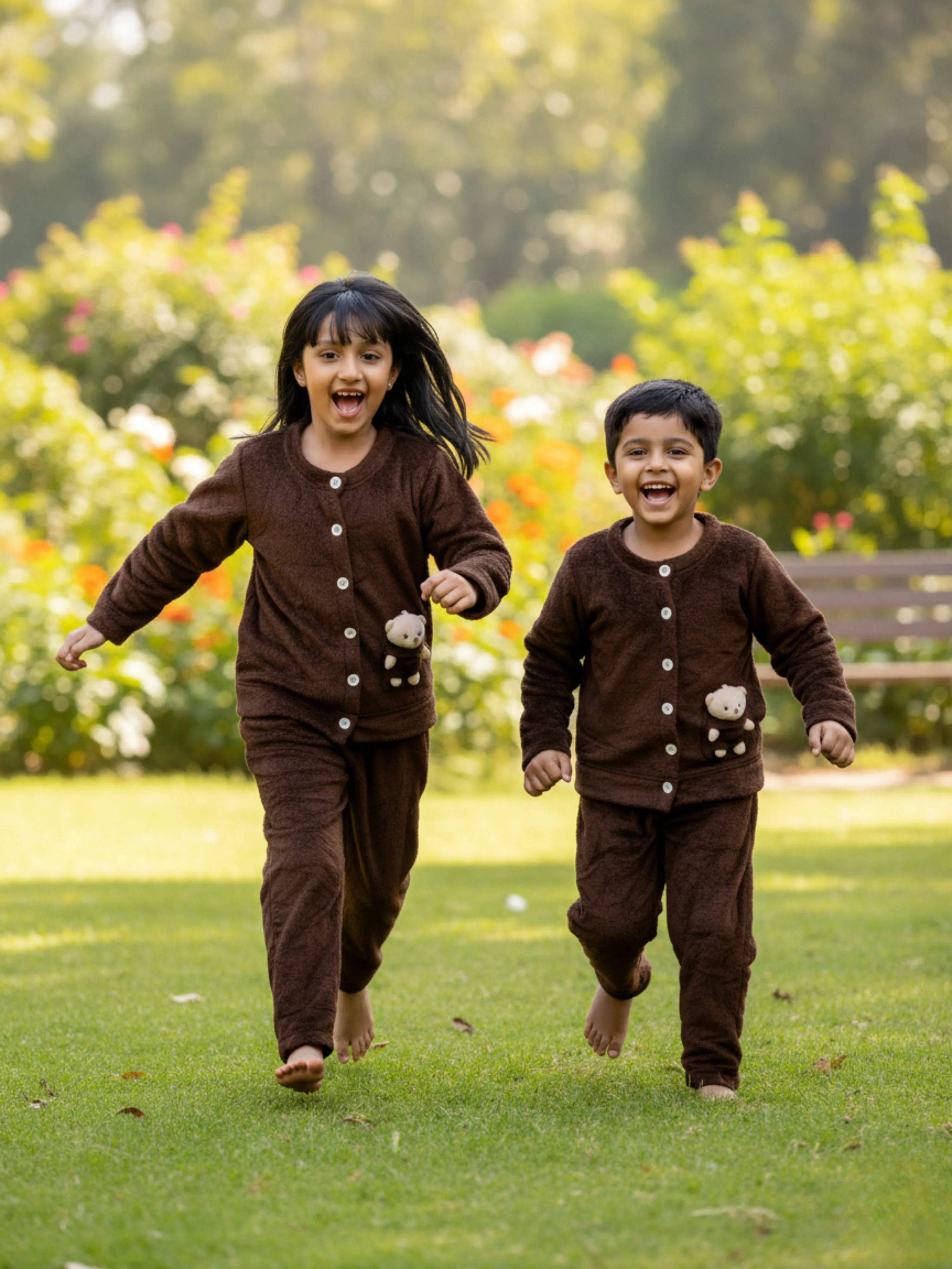 Brown Super Soft Kids Unisex Woollen Cardigan Set With Teddy - Image 3