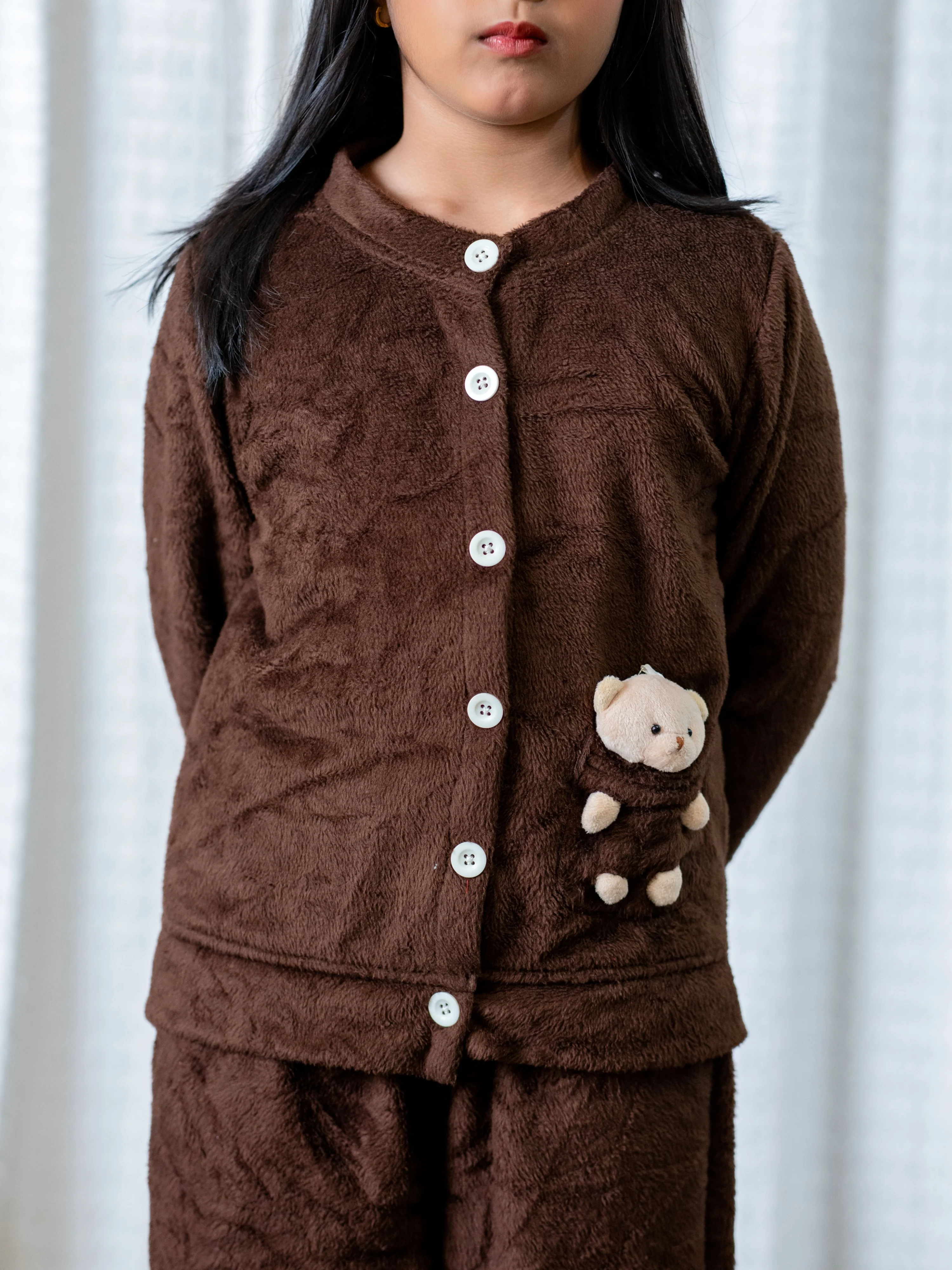 Brown Super Soft Kids Unisex Woollen Cardigan Set With Teddy - Image 6
