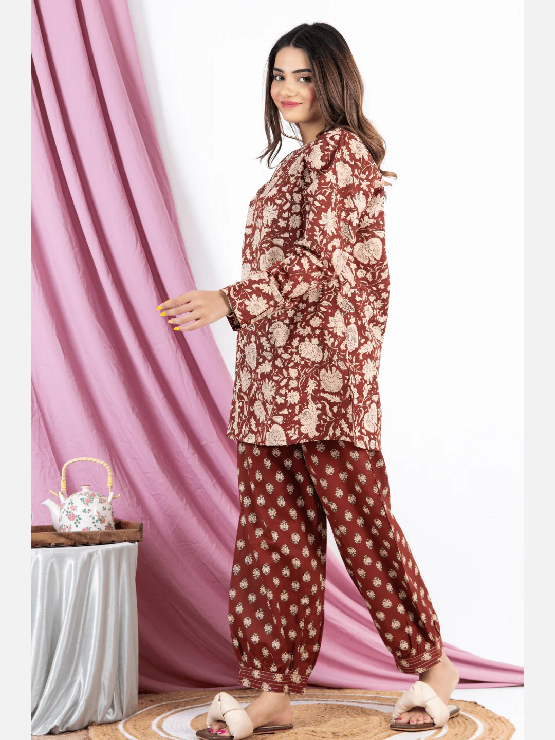 Brown V Neck Cotton Loungewear - Image 10