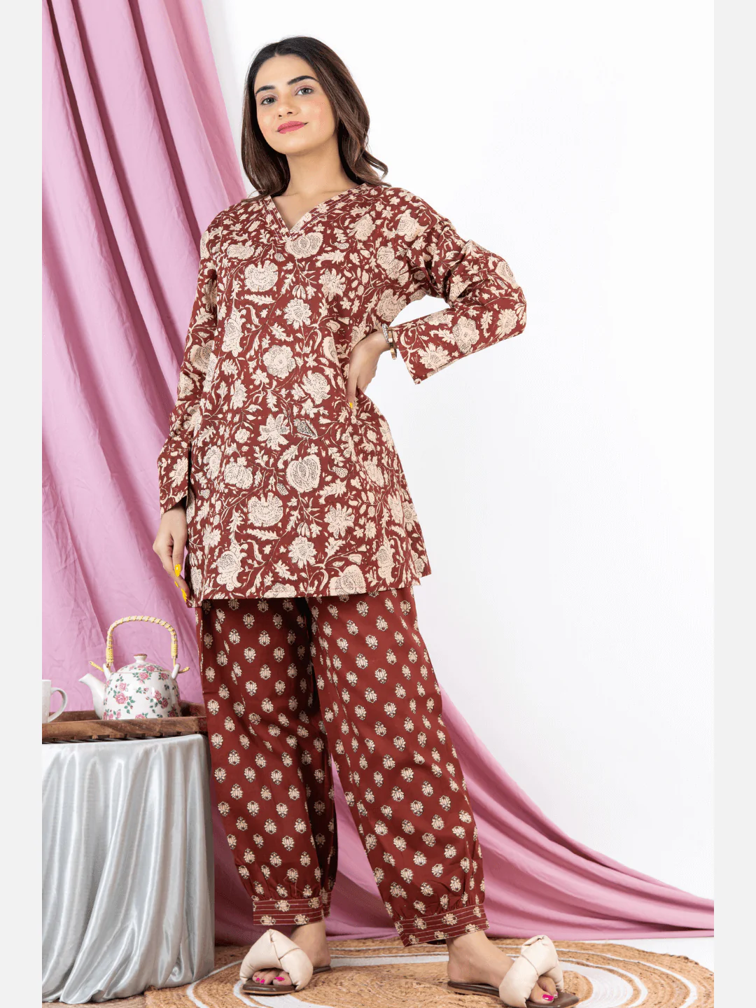 Brown V Neck Cotton Loungewear - Image 3