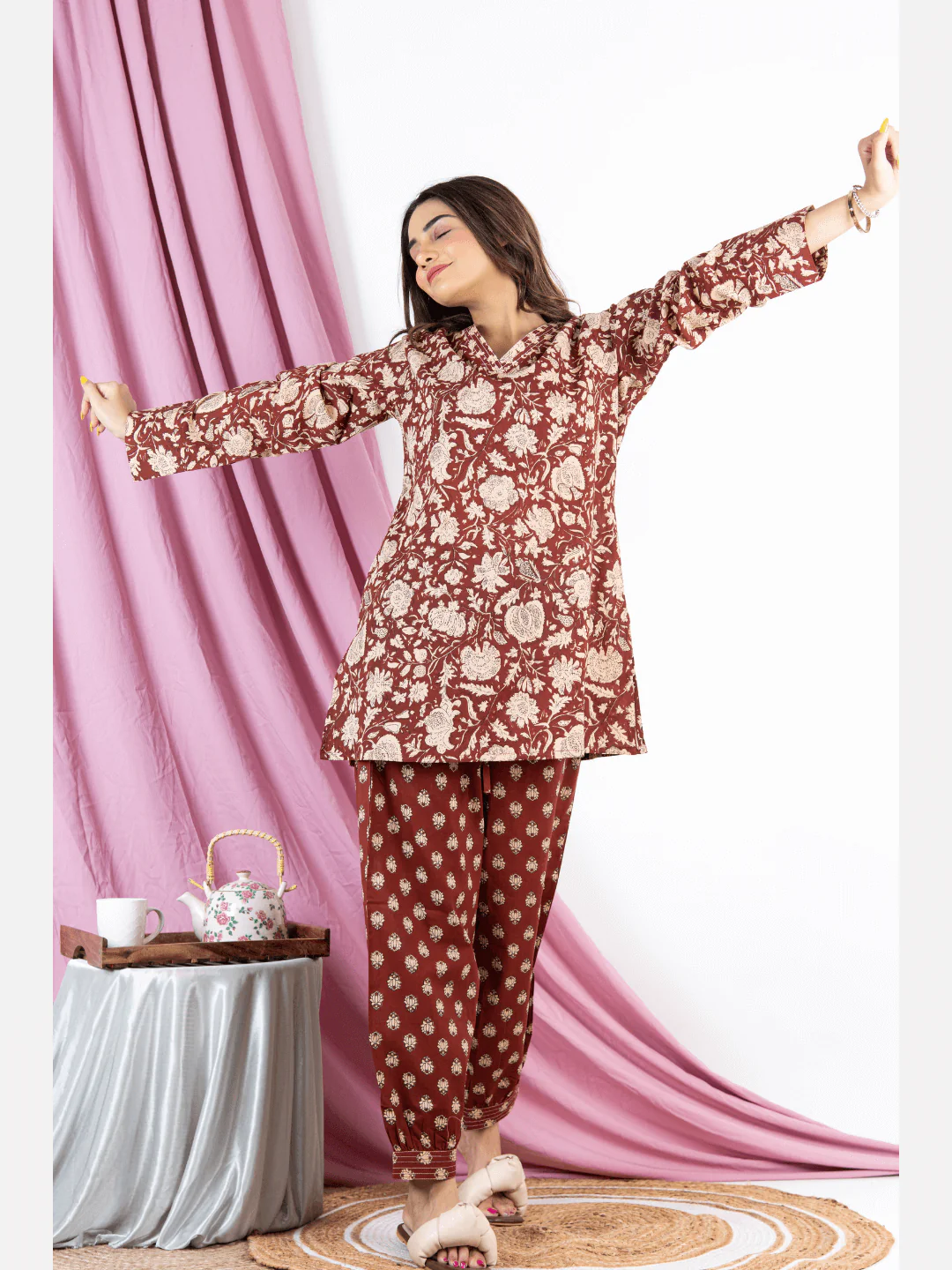 Brown V Neck Cotton Loungewear - Image 4