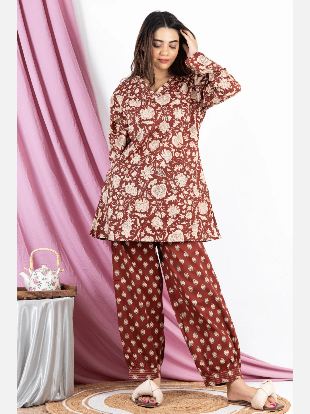 Brown V Neck Cotton Loungewear - Image 5