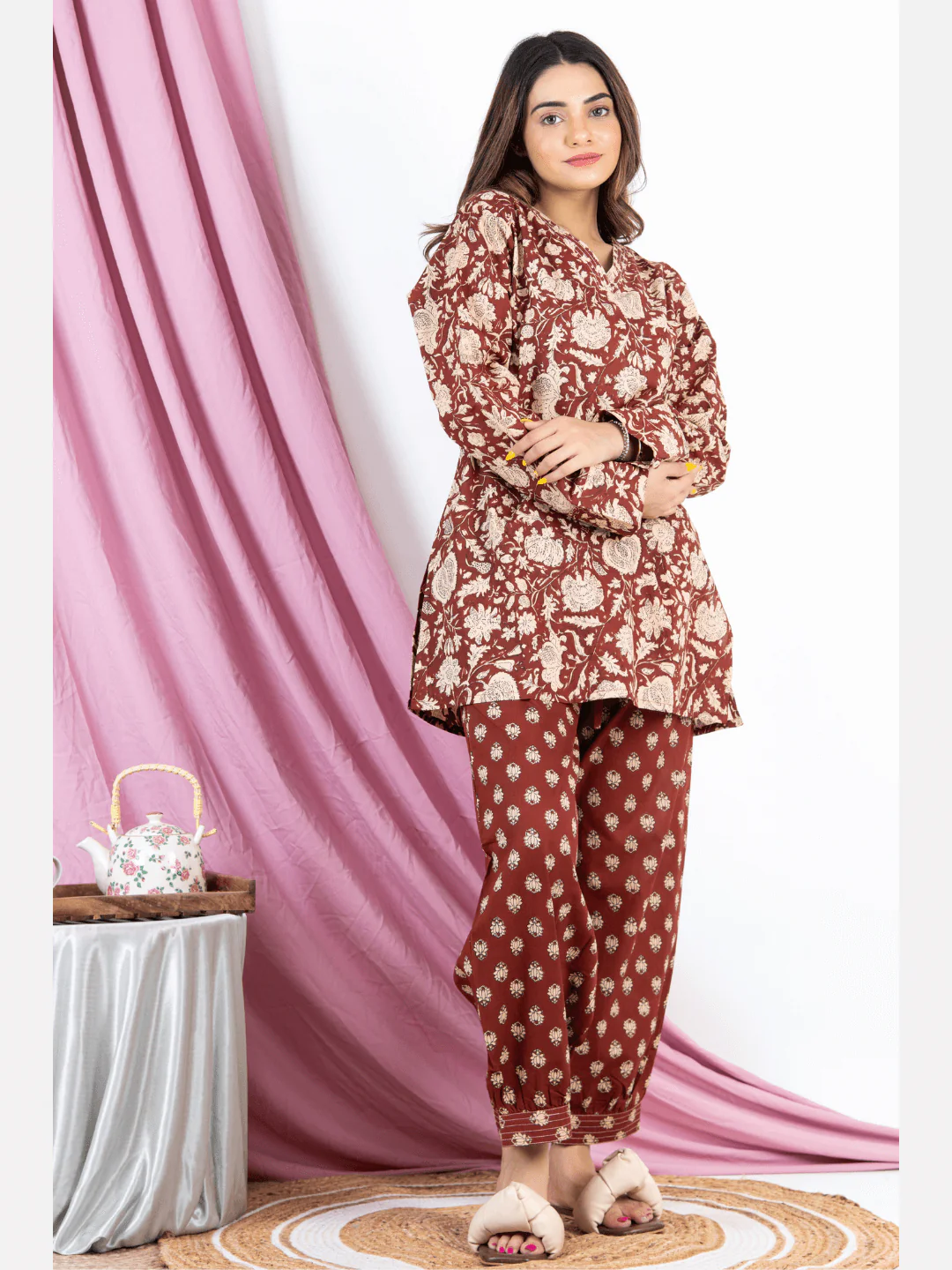 Brown V Neck Cotton Loungewear - Image 9