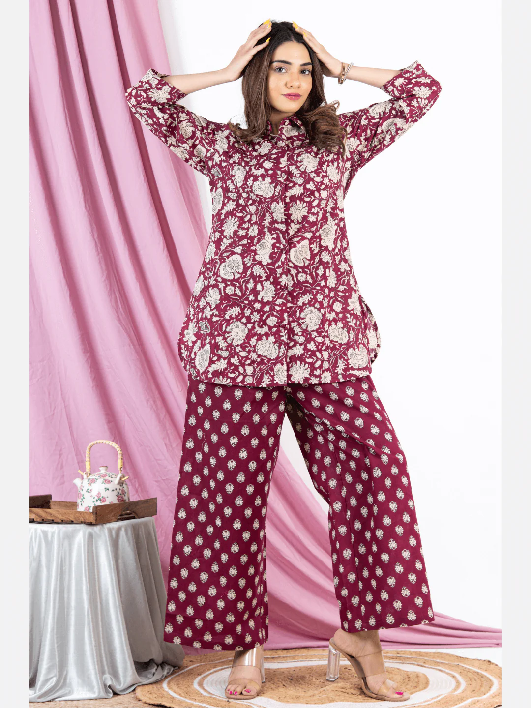 Burgundy Pure Cotton Collared Loungewear - Image 3