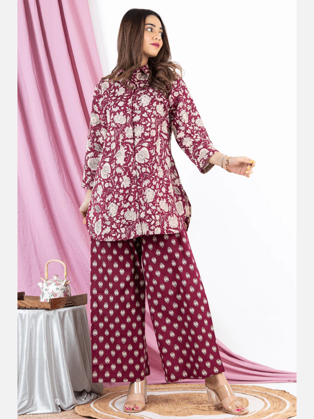 Burgundy Pure Cotton Collared Loungewear - Image 4