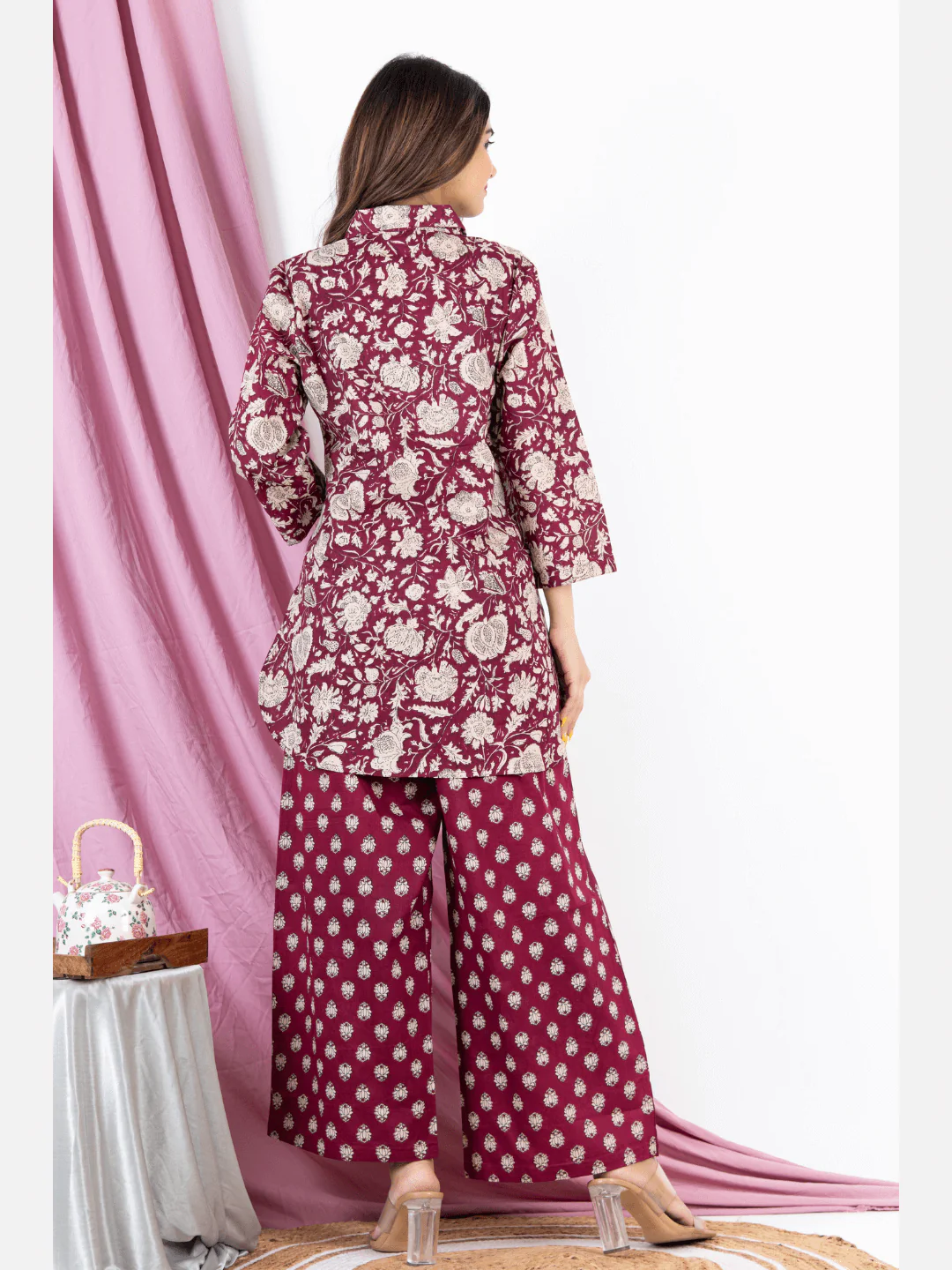 Burgundy Pure Cotton Collared Loungewear - Image 6