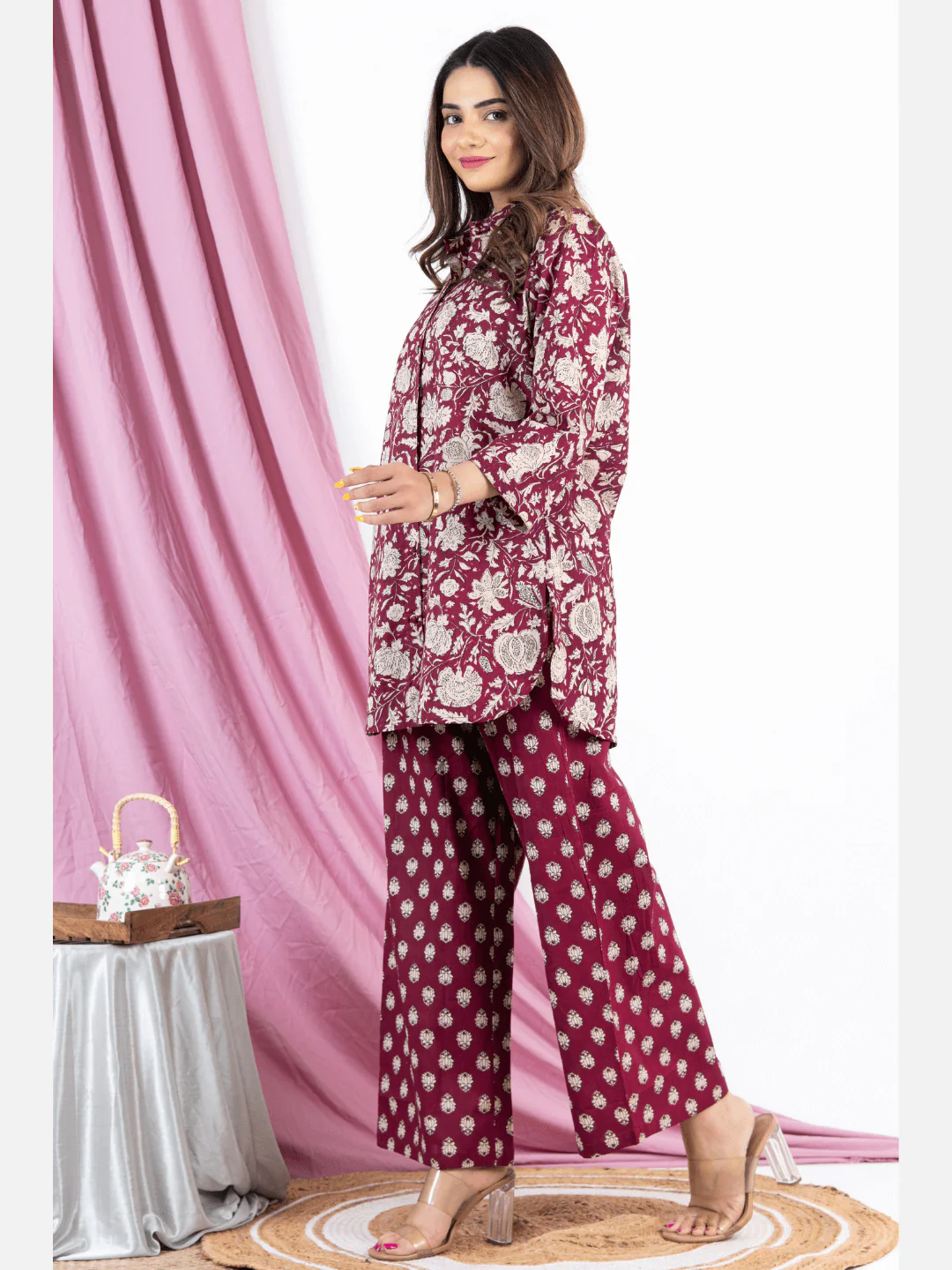 Burgundy Pure Cotton Collared Loungewear - Image 8