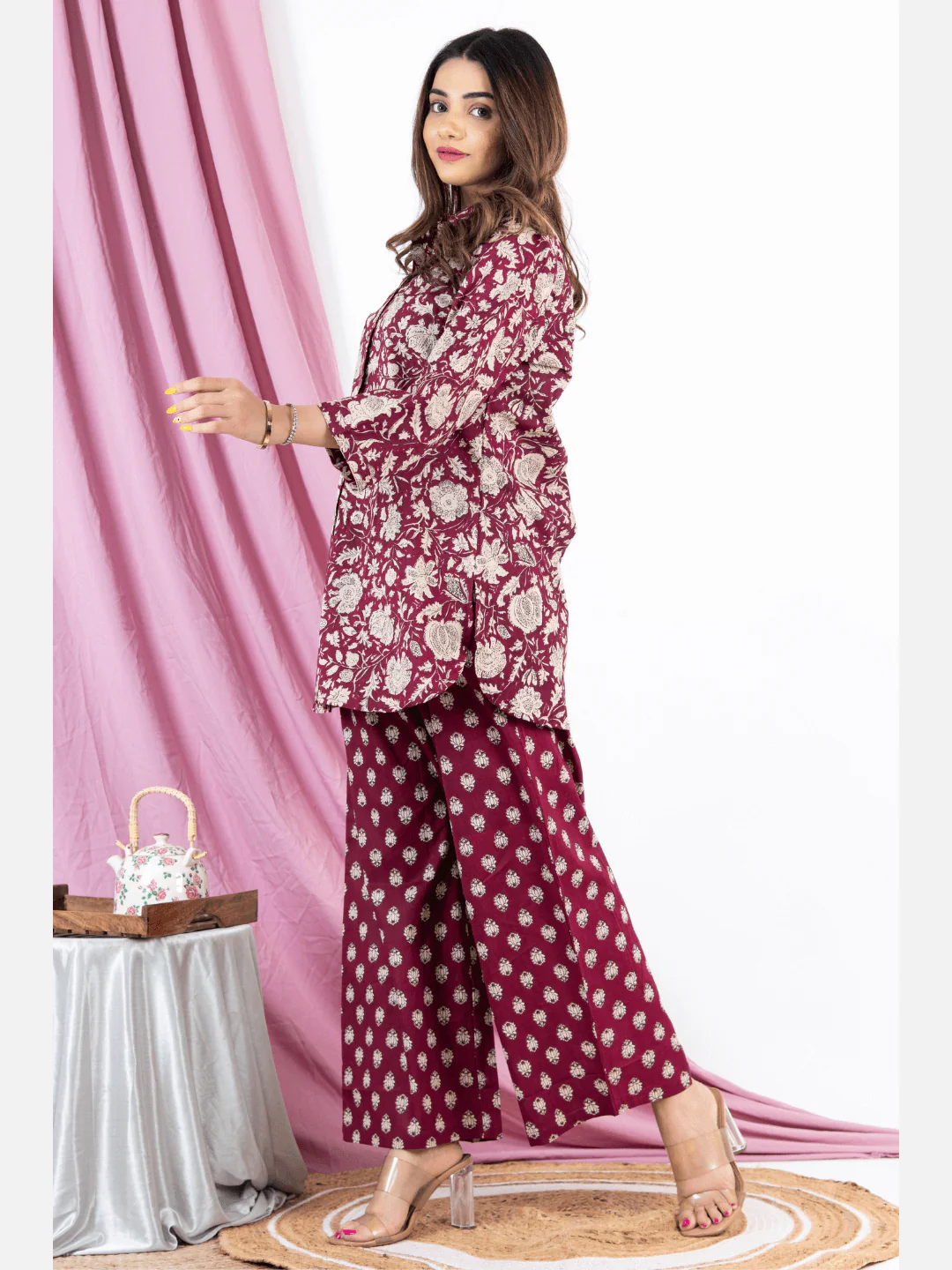 Burgundy Pure Cotton Collared Loungewear - Image 9