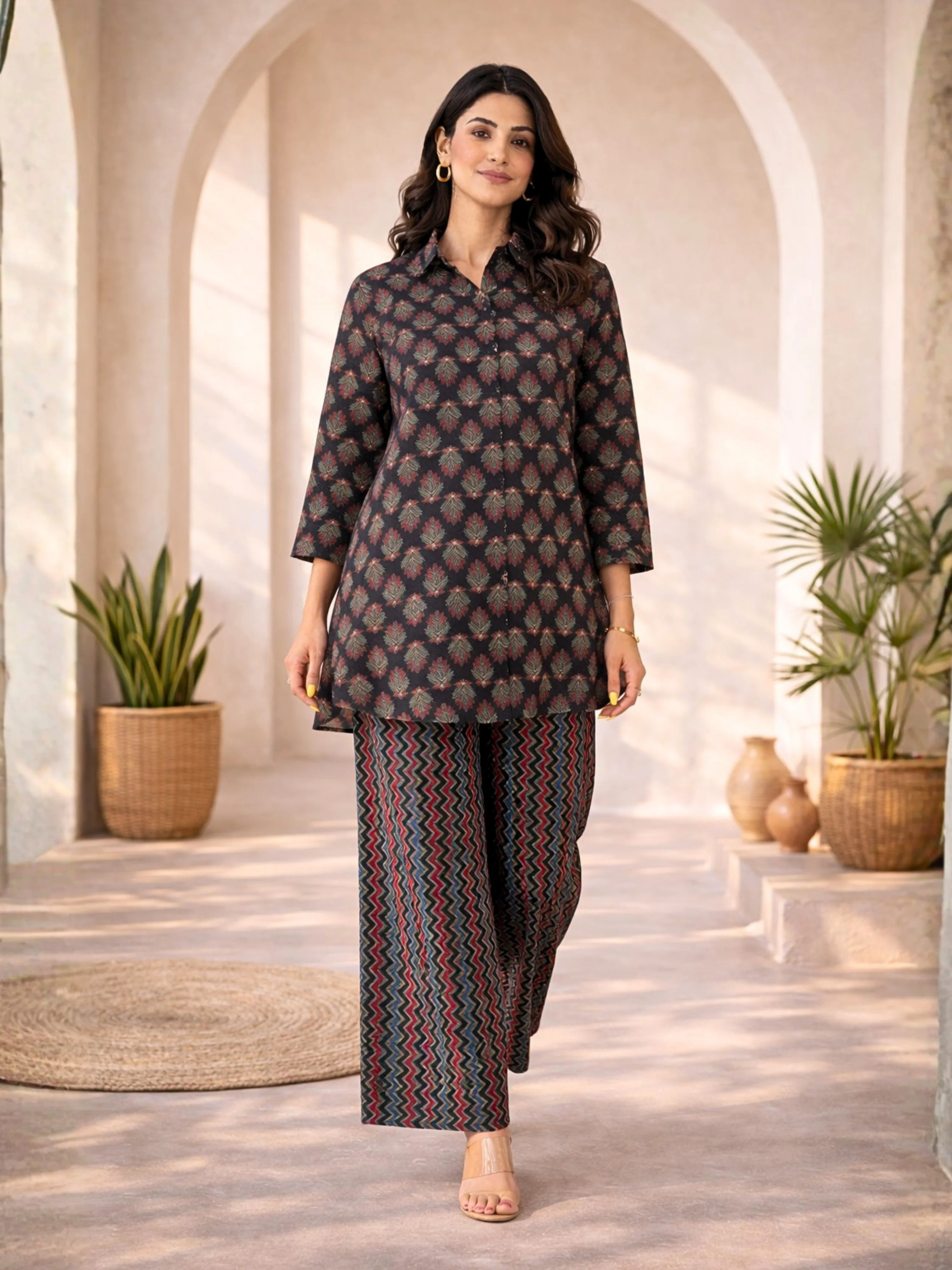 Black Maroon Collared Cotton Loungewear - Image 3