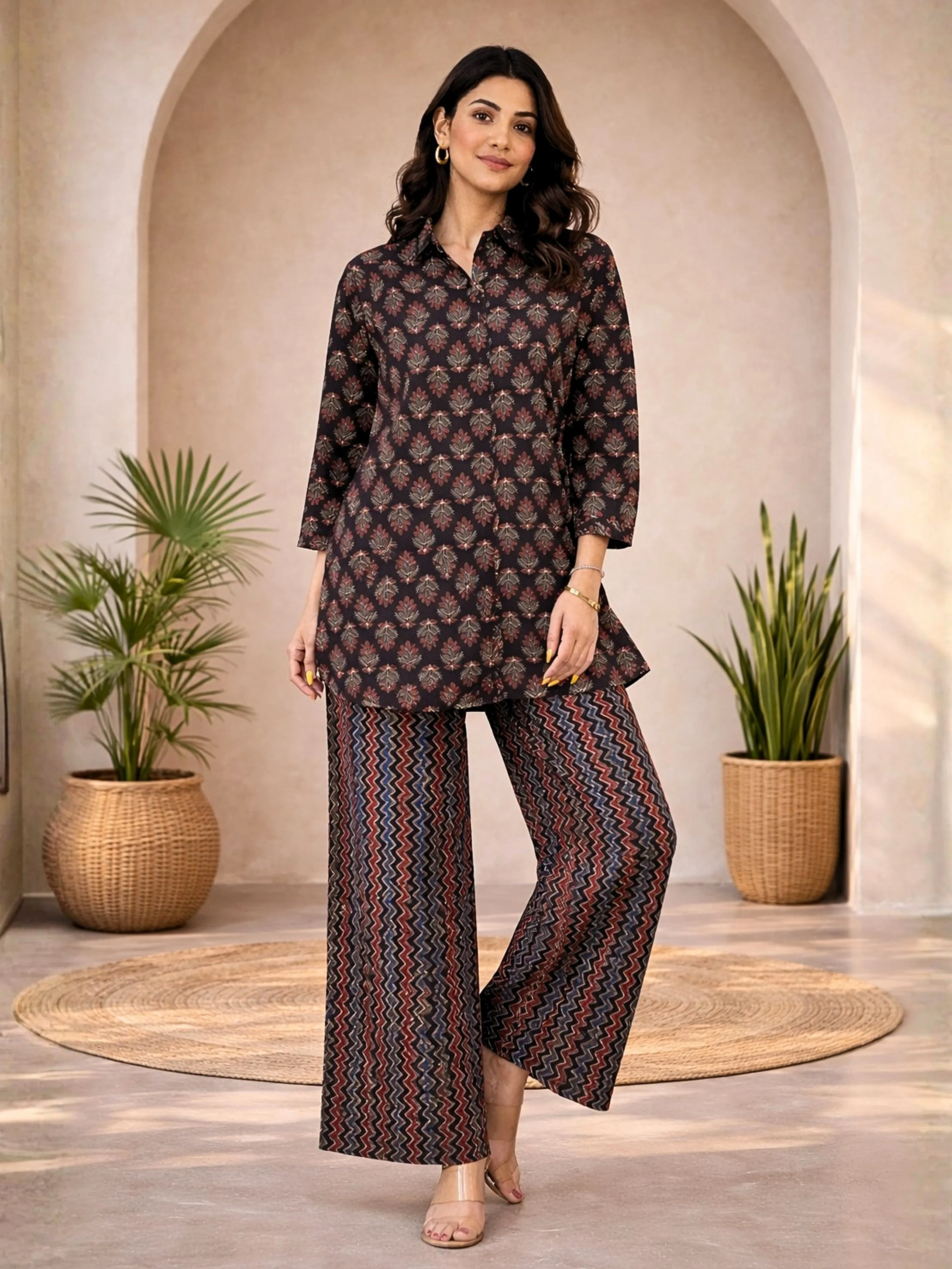 Black Maroon Collared Cotton Loungewear - Image 4