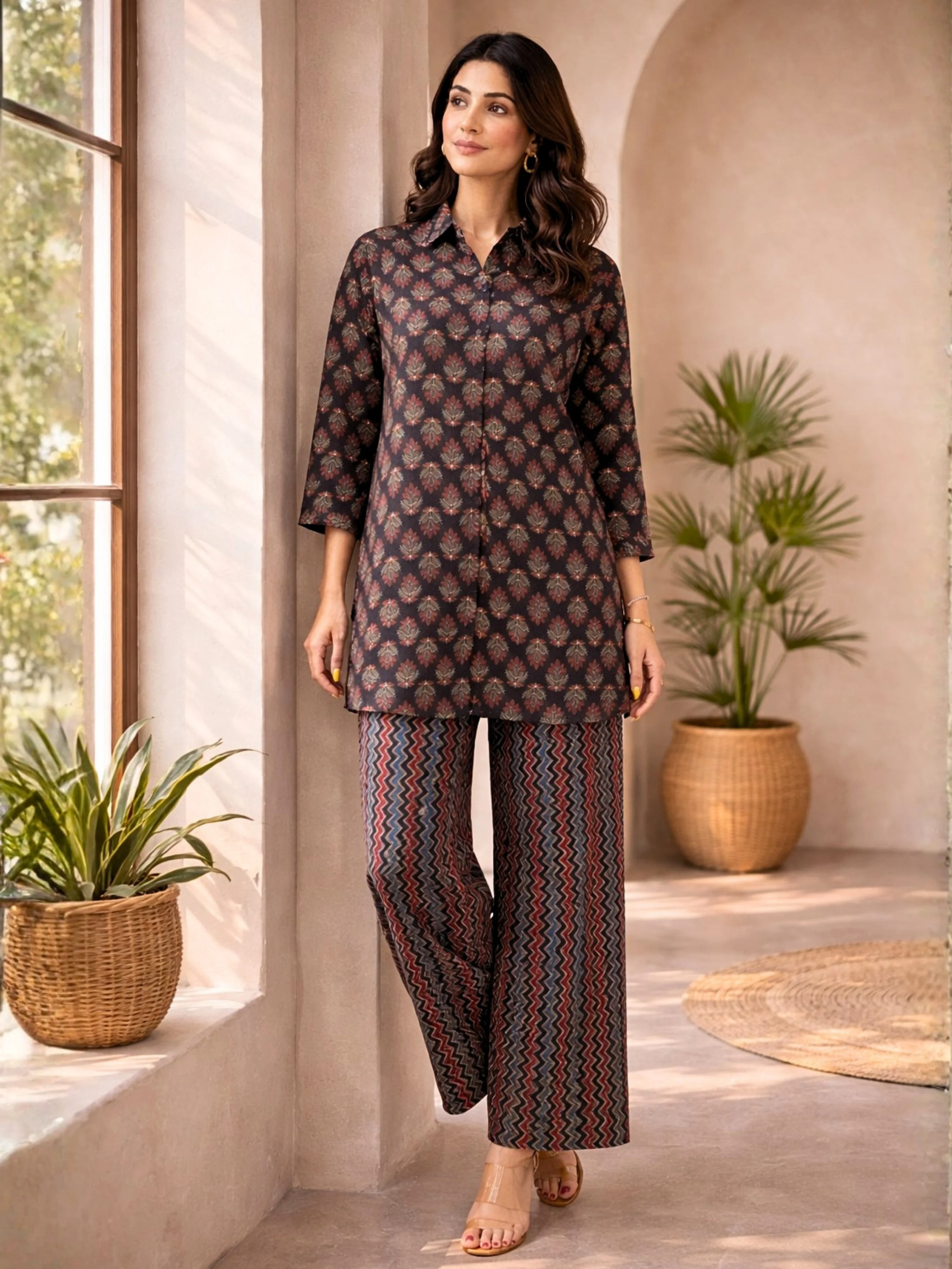 Black Maroon Collared Cotton Loungewear - Image 5