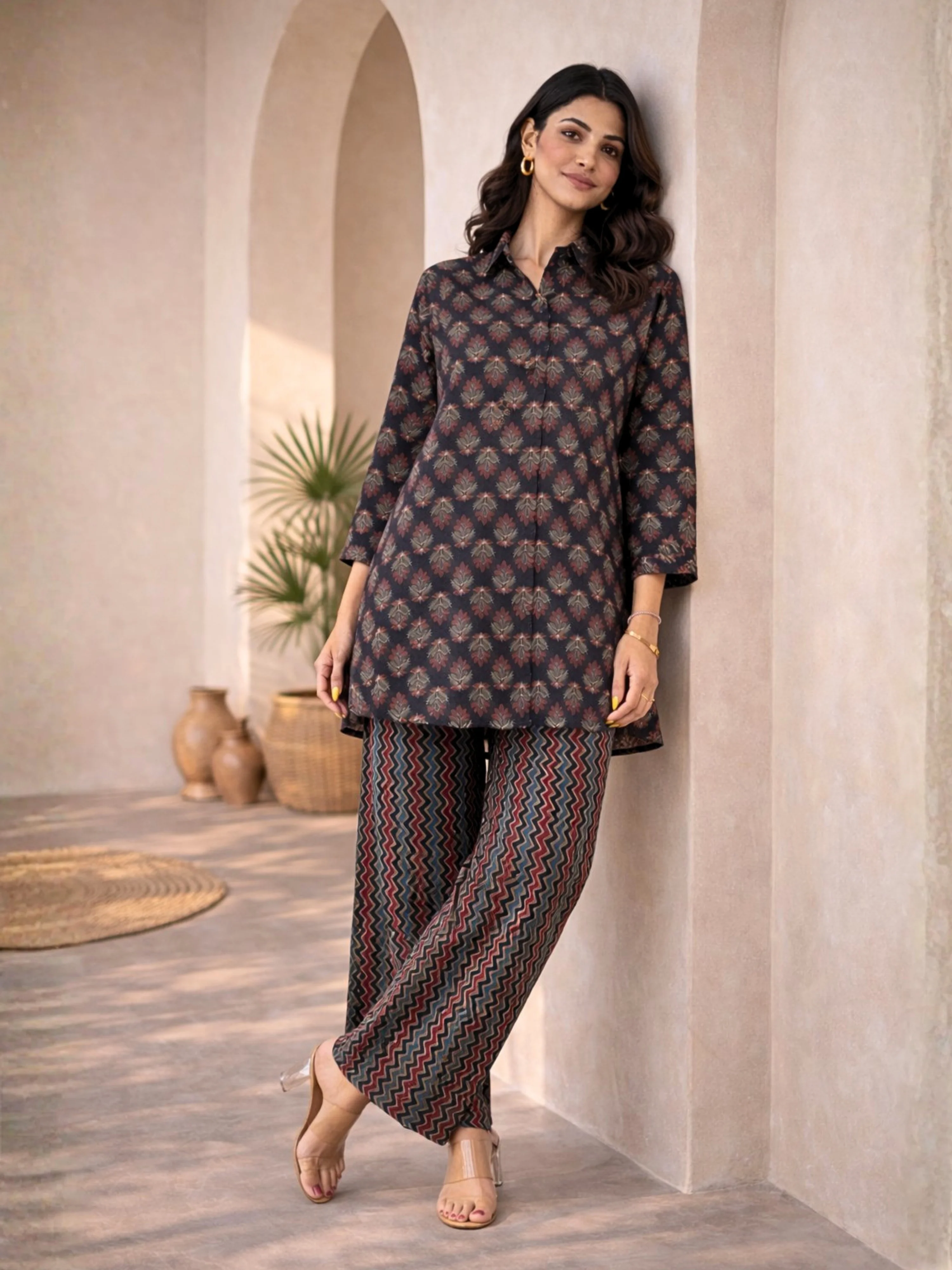 Black Maroon Collared Cotton Loungewear - Image 6