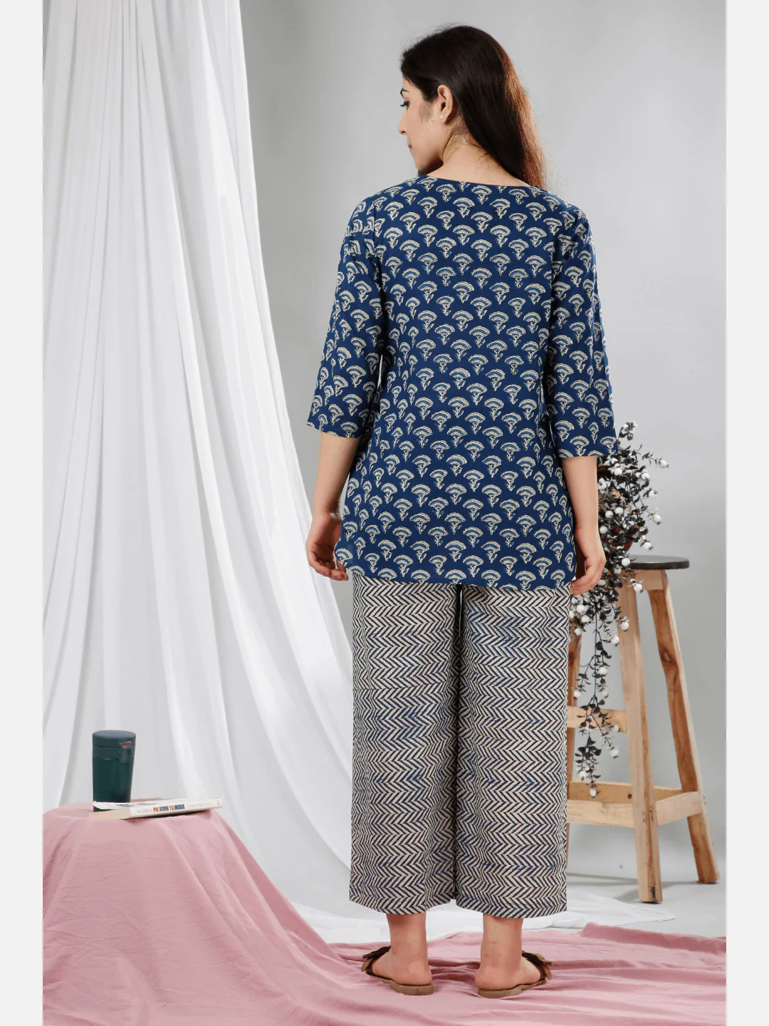 Blue Hand Block Printed Pure Cotton Lounge Wear - Image 3