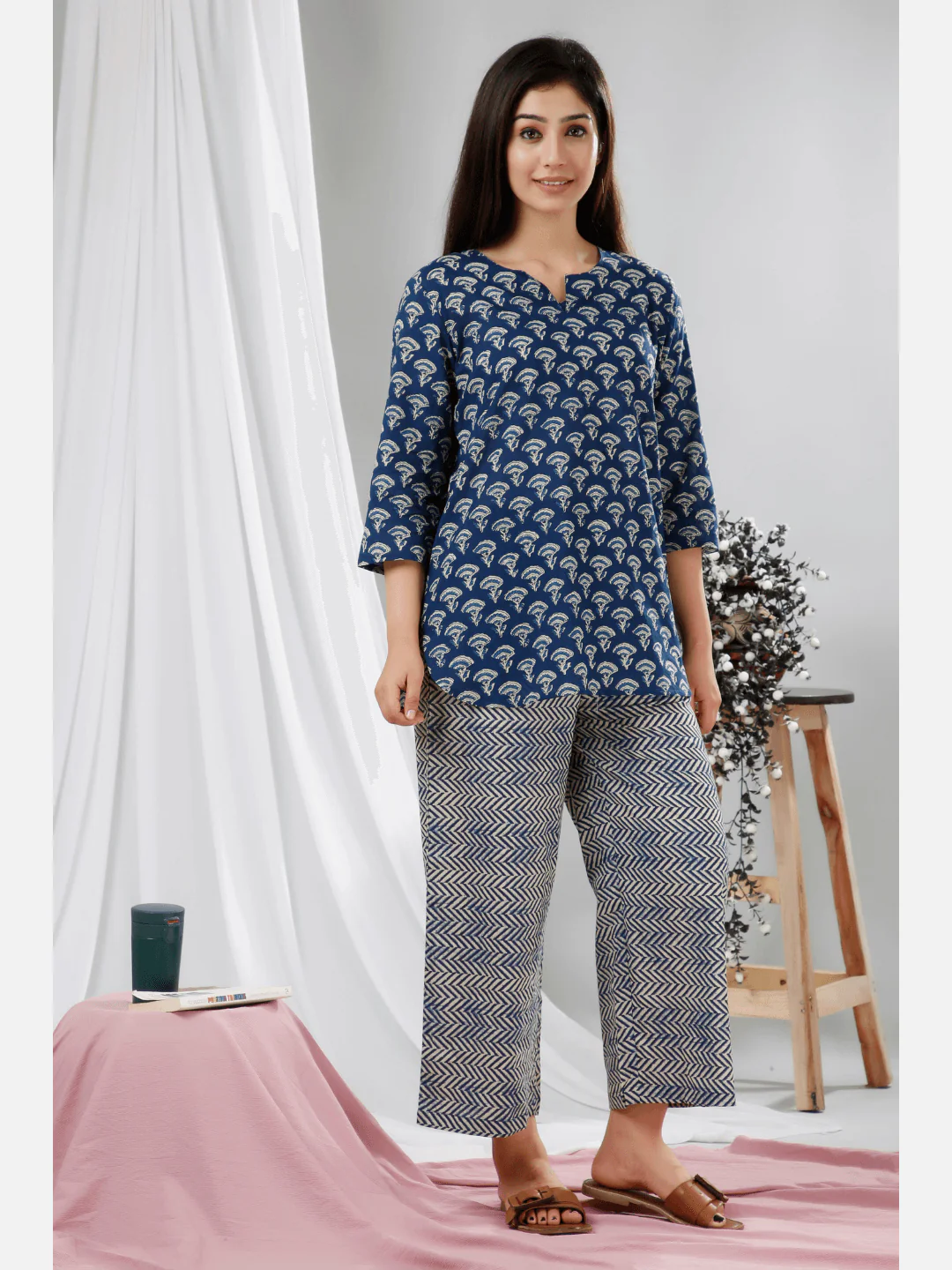 Blue Hand Block Printed Pure Cotton Lounge Wear - Image 6