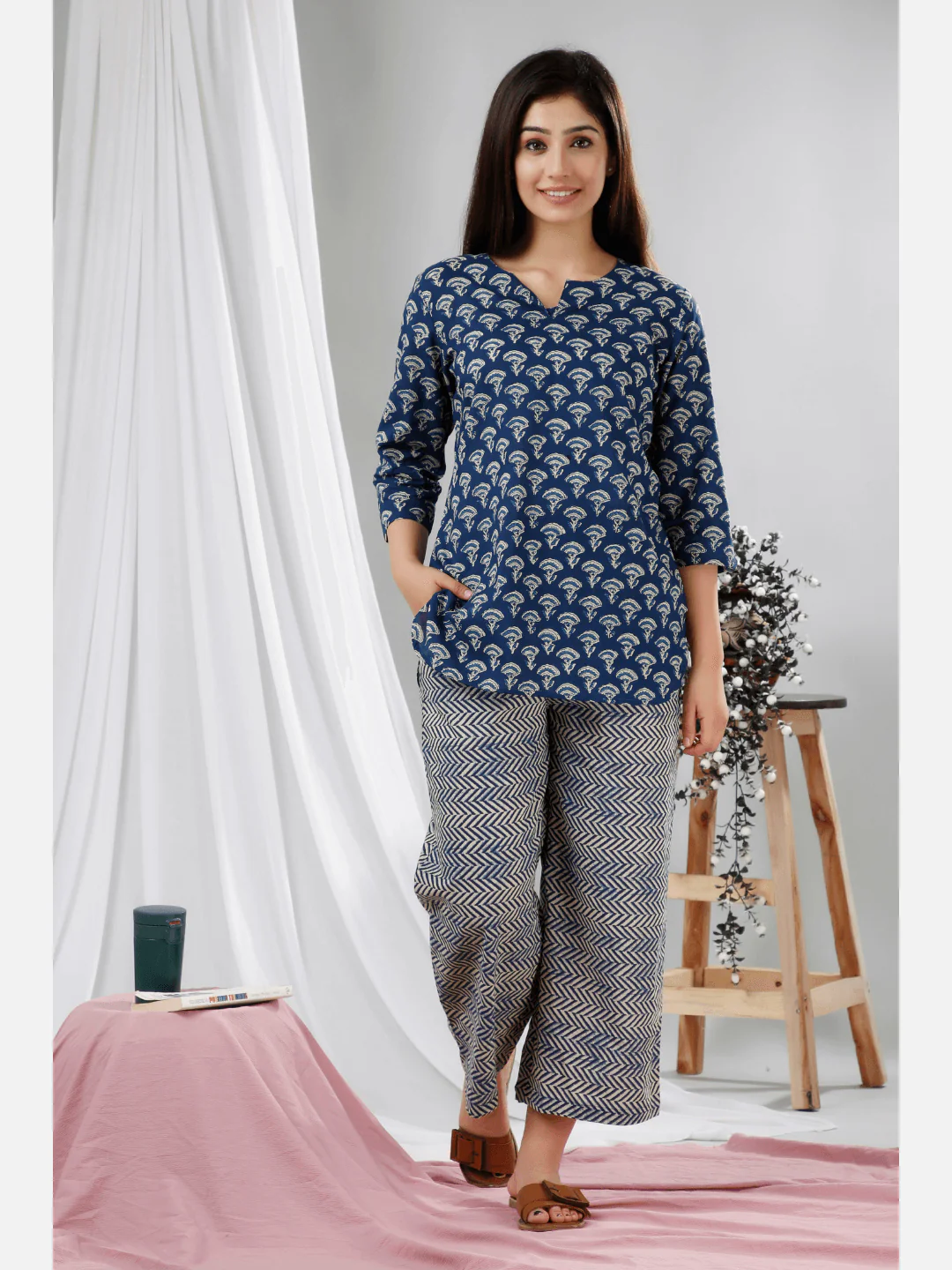 Blue Hand Block Printed Pure Cotton Lounge Wear - Image 7