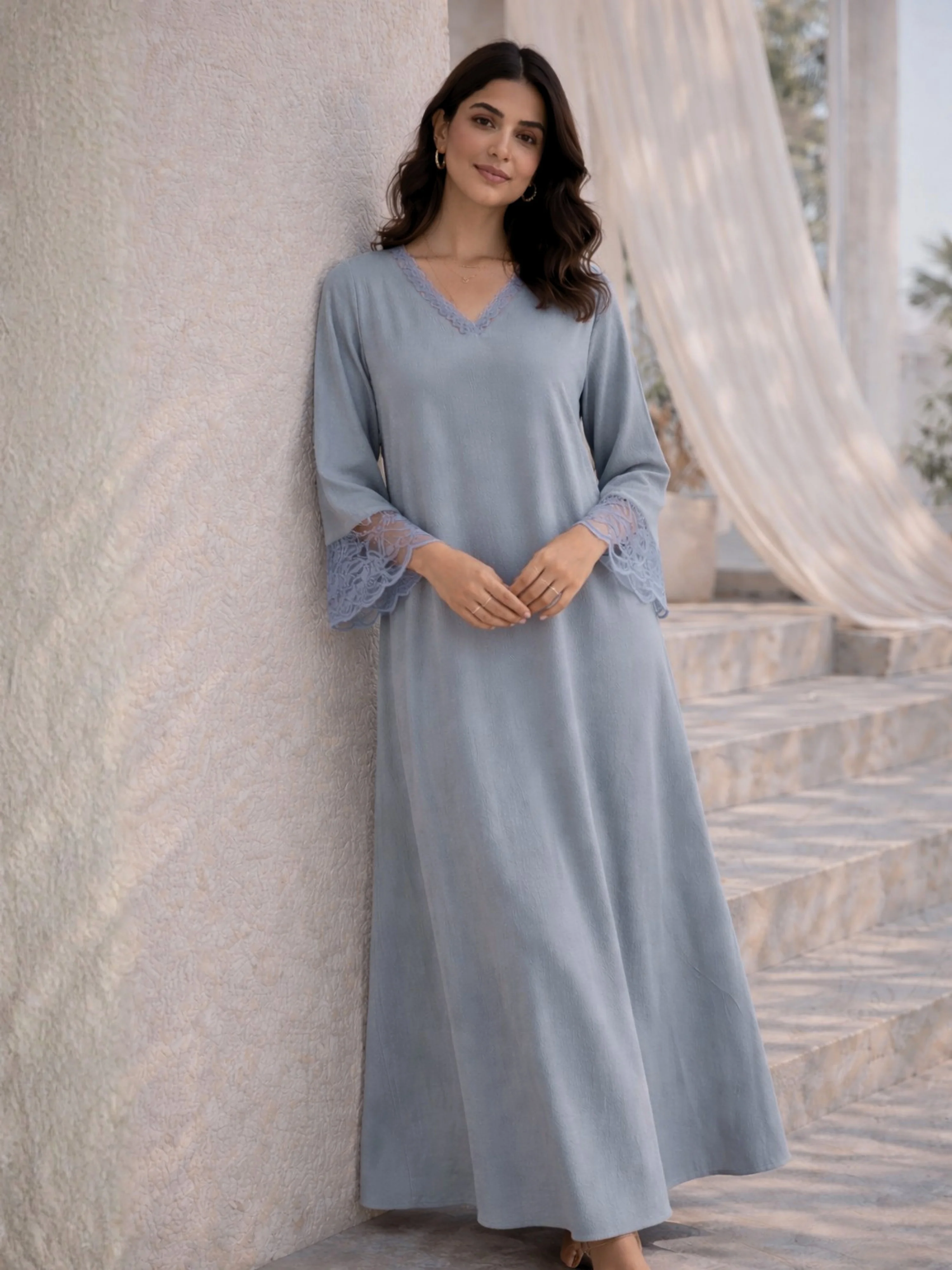 Pegion Blue Soft Crepe V-Neck Maxi - Image 3