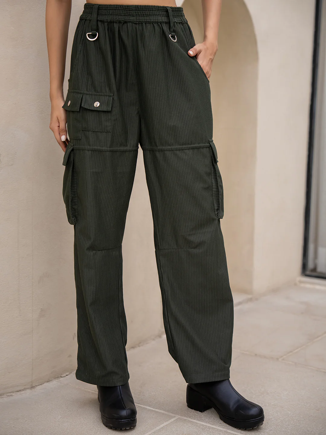 Corduroy Dark Green Cargo Pants - Image 7