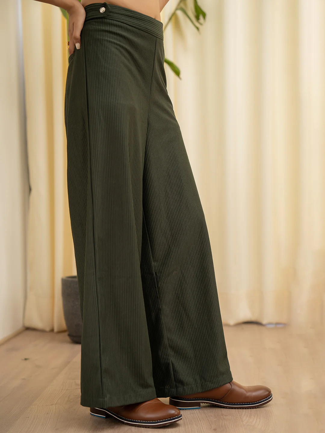 Corduroy Dark Green High Waist Pants - Image 3