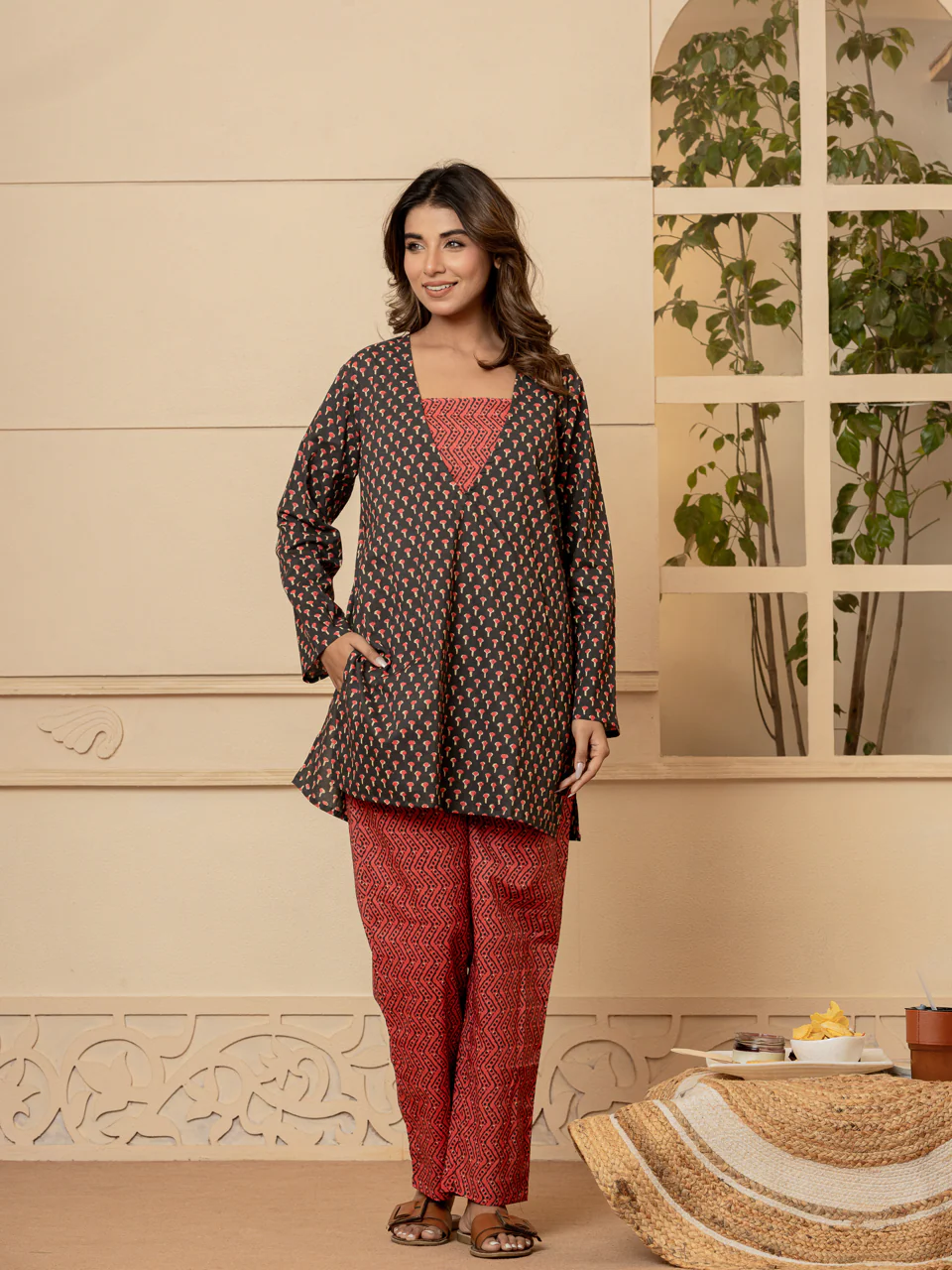 Cosmic coal crimson block print 3 - piece Pure Cotton set - Image 3