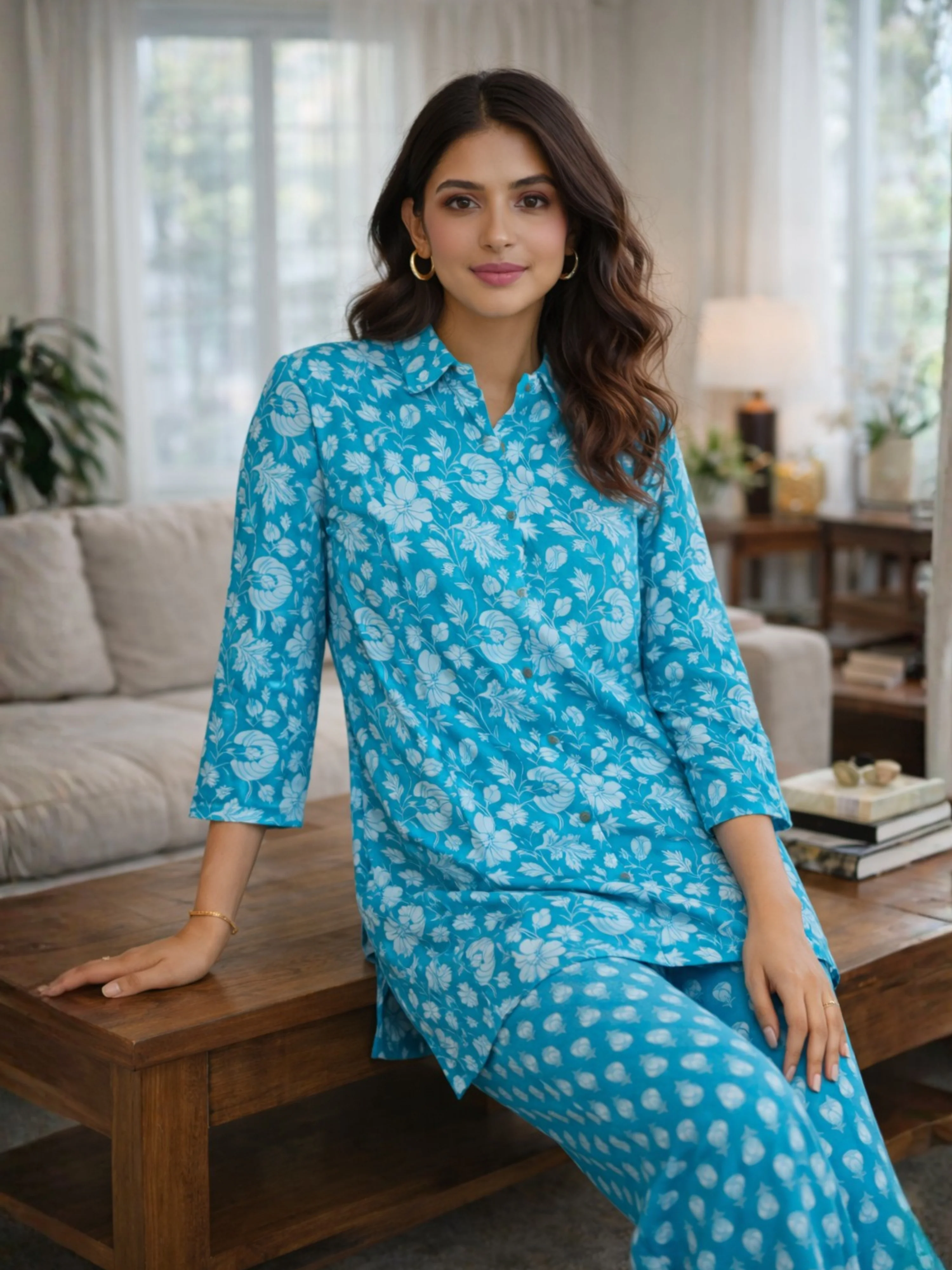 Cyan Pure Cotton Collar Neck Co-ord set - Image 3