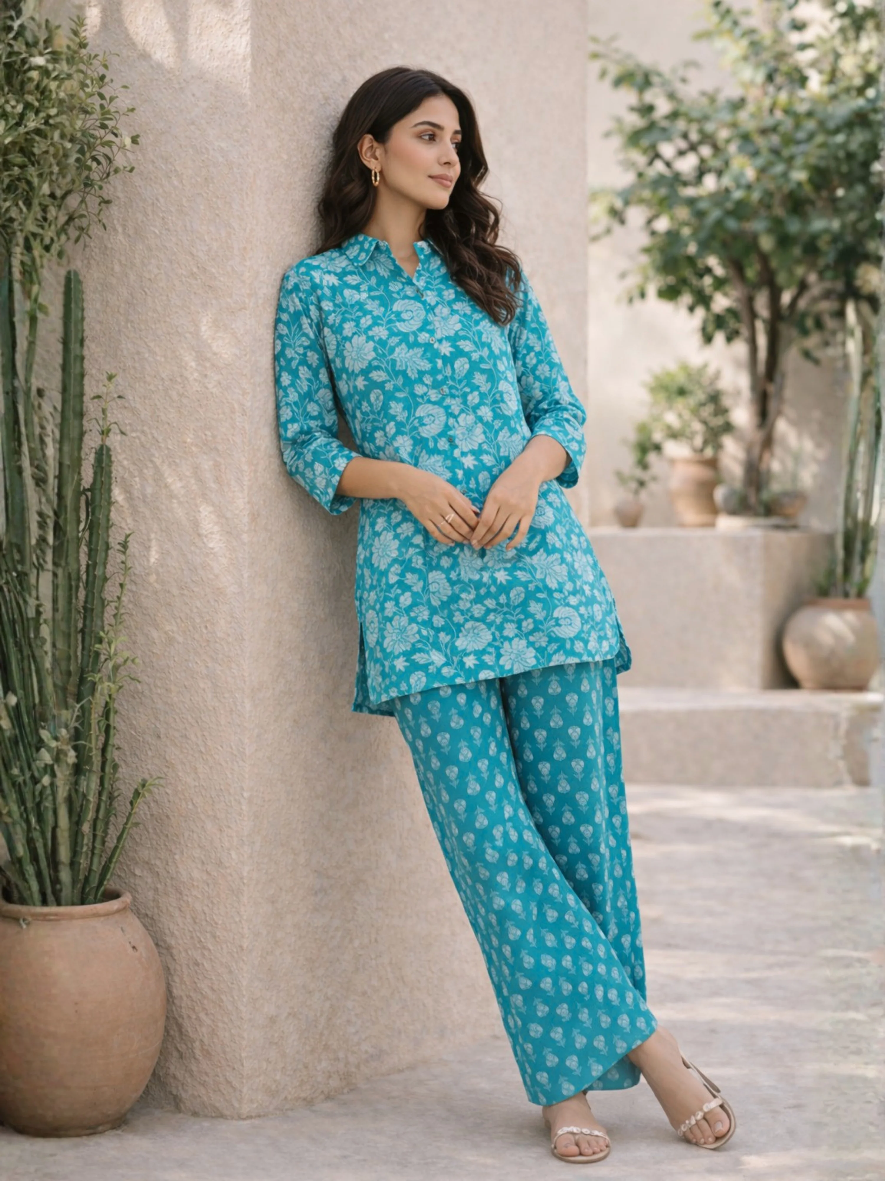 Cyan Pure Cotton Collar Neck Co-ord set - Image 5